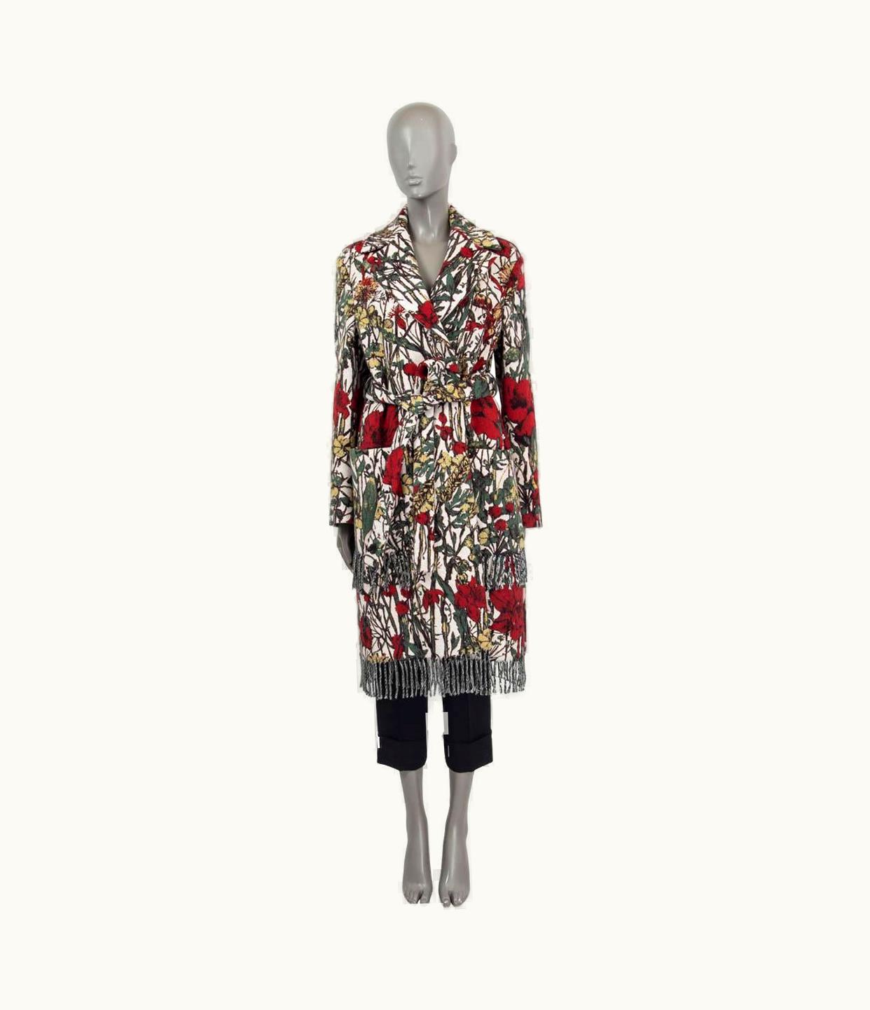 Dior Christian Dior Red Green Wool 2021 Floral Belted Fringed Knit Coat Jacket