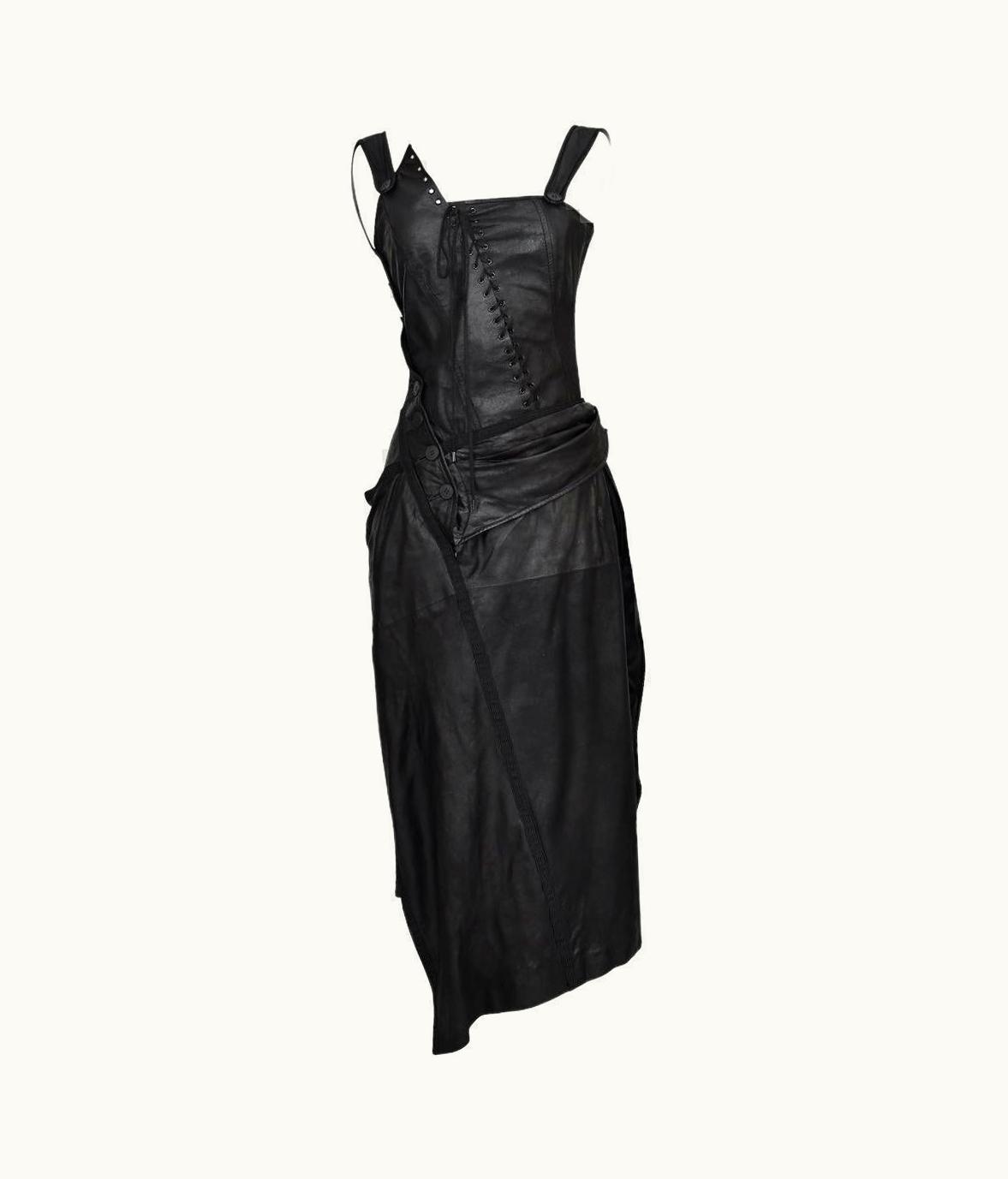 Dior AW 2000 Christian Dior Black Asymmetrical Leather Bondage Midi Dress