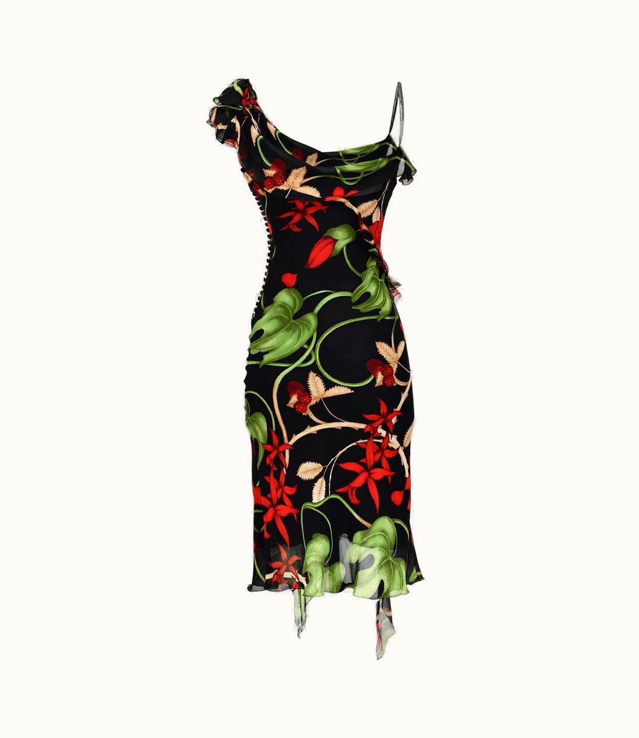 Dior AW 2002 Christian Dior By John Galliano Silk Black Tropical Dress