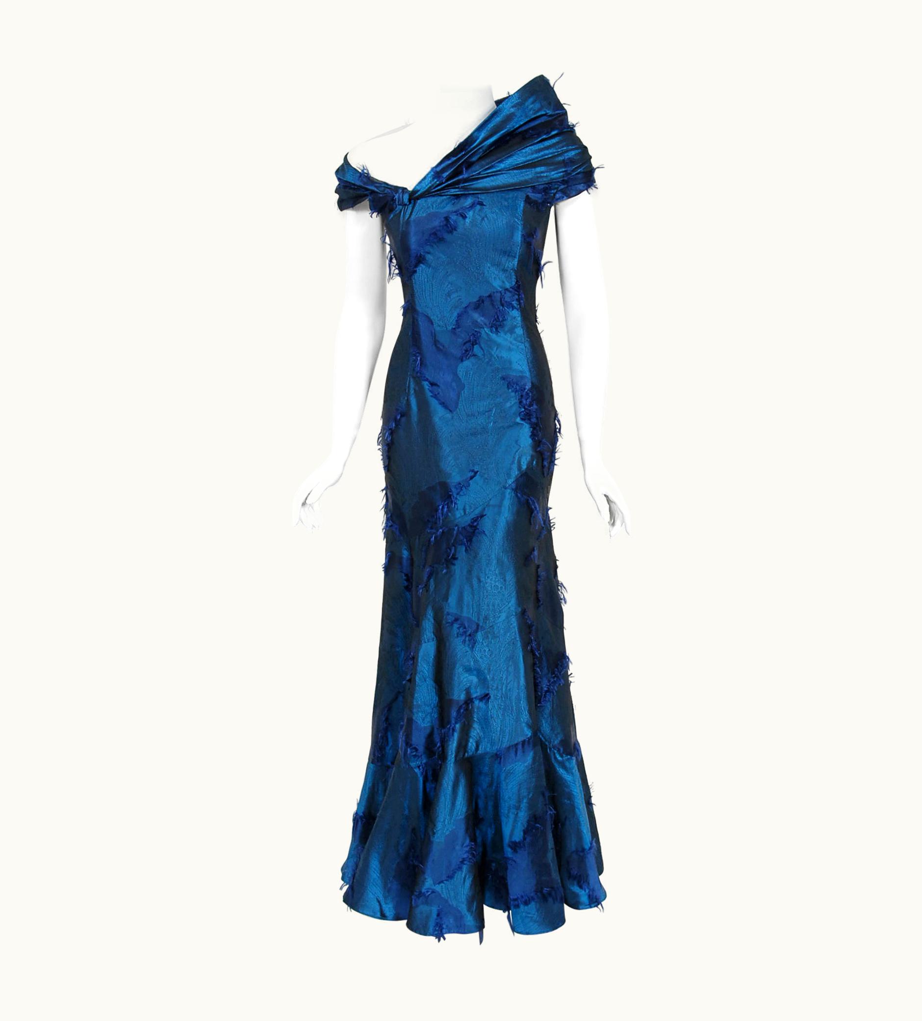 Dior Vintage 1999 Christian Dior By Galliano Sapphire Blue Eyelash Silk Bias-Cut Gown