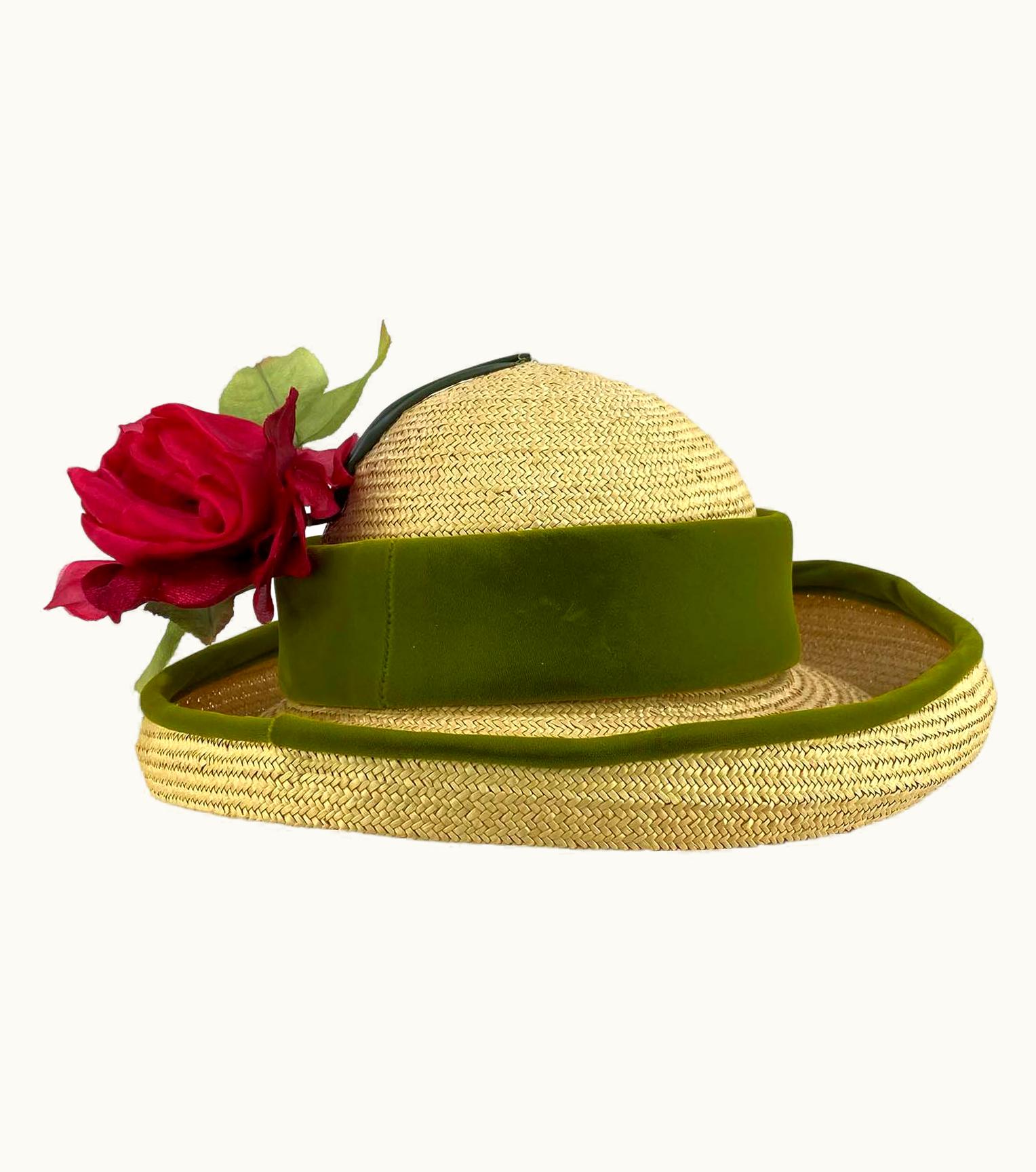 Dior 1960s Christian Dior Chapeaux By Marc Bohan Woven Wicker Floral Rose Velvet Hat