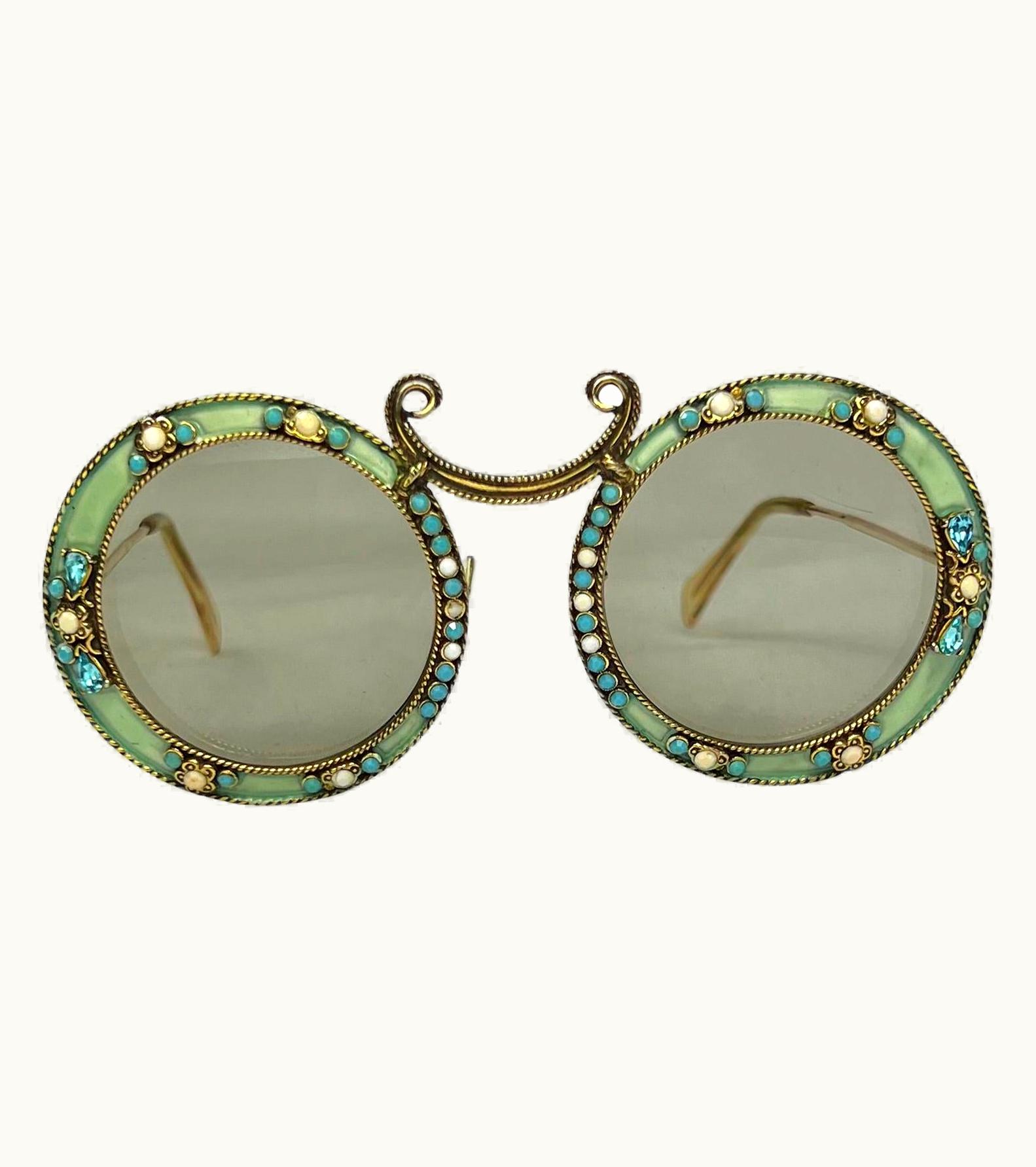 Dior 1967 Christian Dior By Tura Gold 'Gypsy' Rhinestone Enamel Hippy Sunglasses