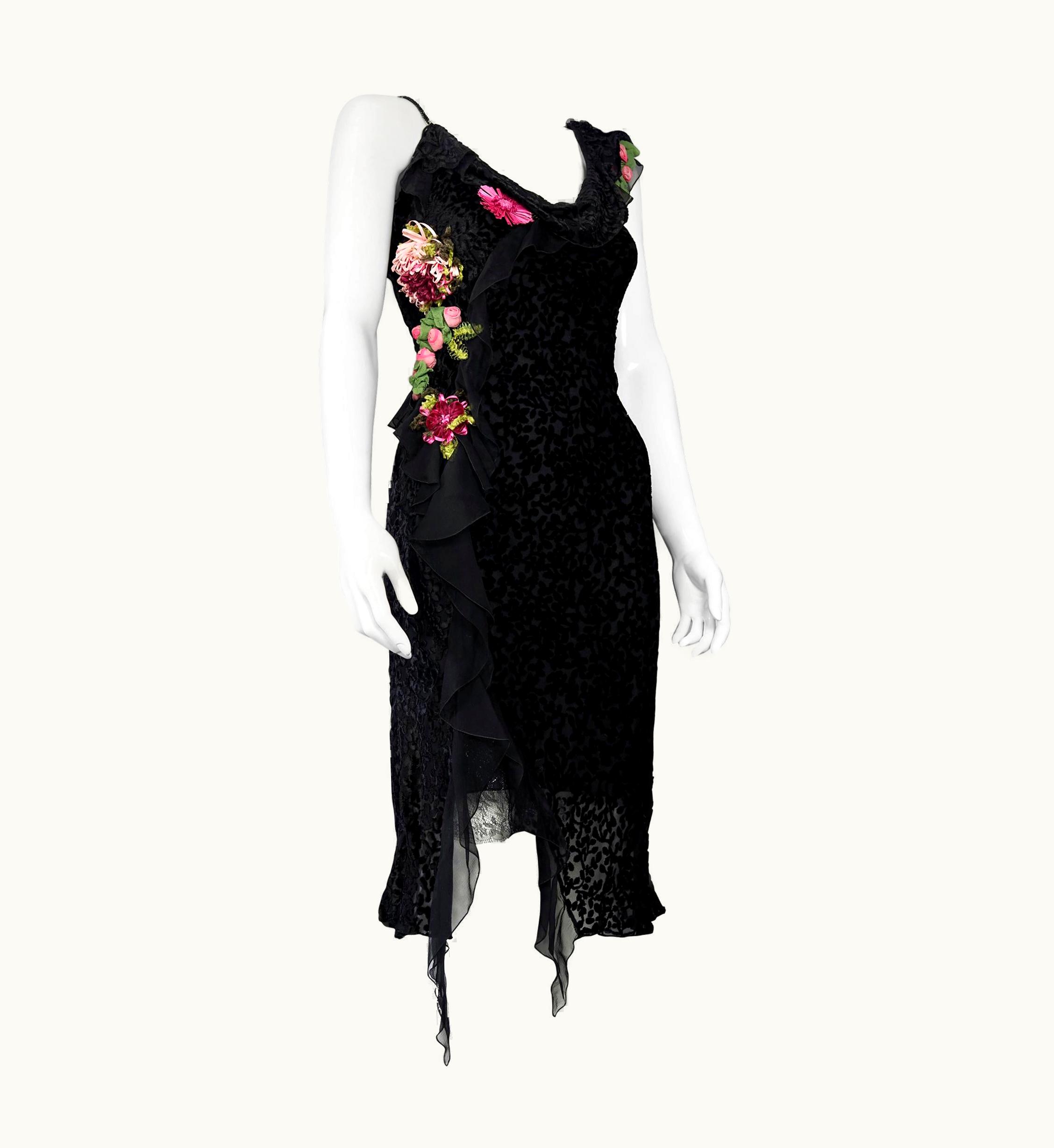 Dior Vintage Christian Dior By John Galliano Velvet Flower Embellished Dress
