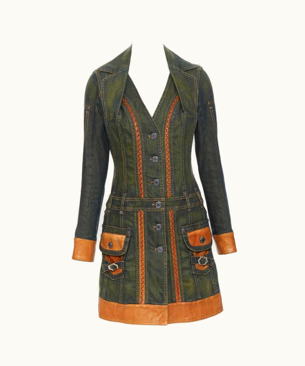 Dior Vintage Christian Dior Galliano Green Washed Denim Leather Trimmed Dress