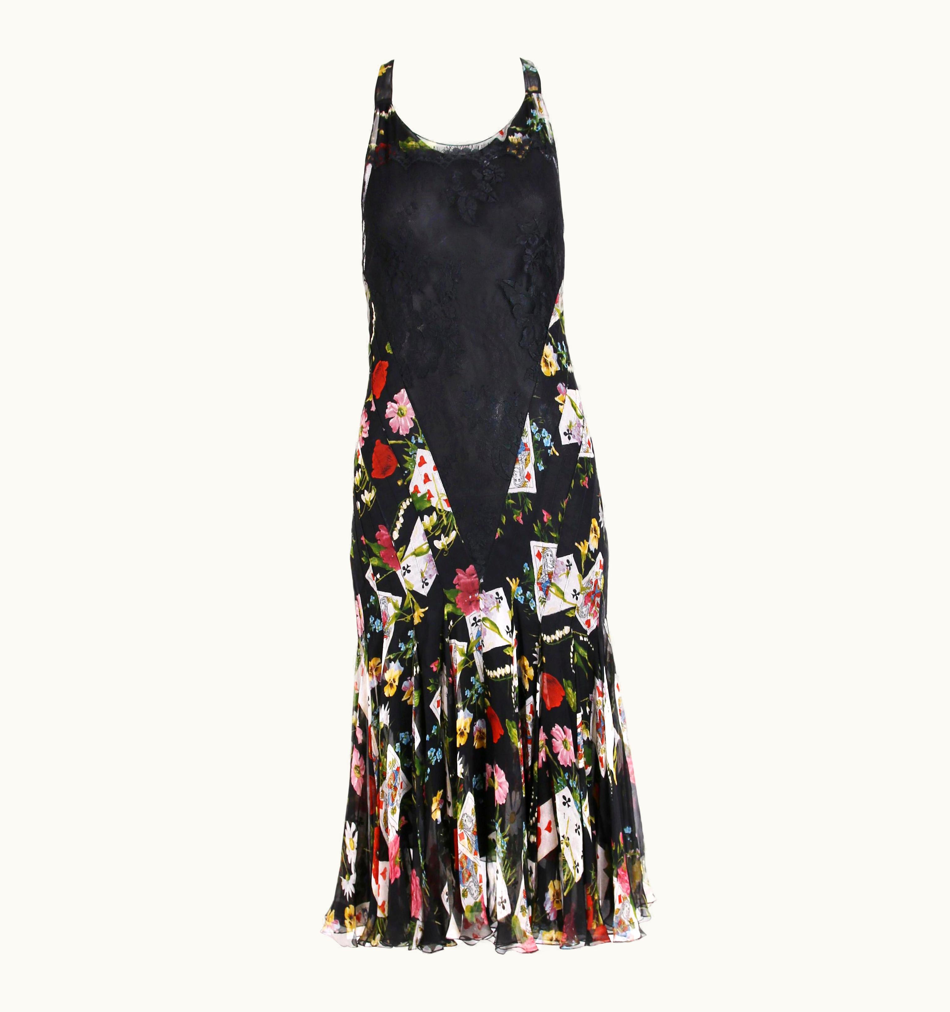 Dior Christian Dior By Galliano Chiffon & Lace Playing Card Print Cocktail Dress