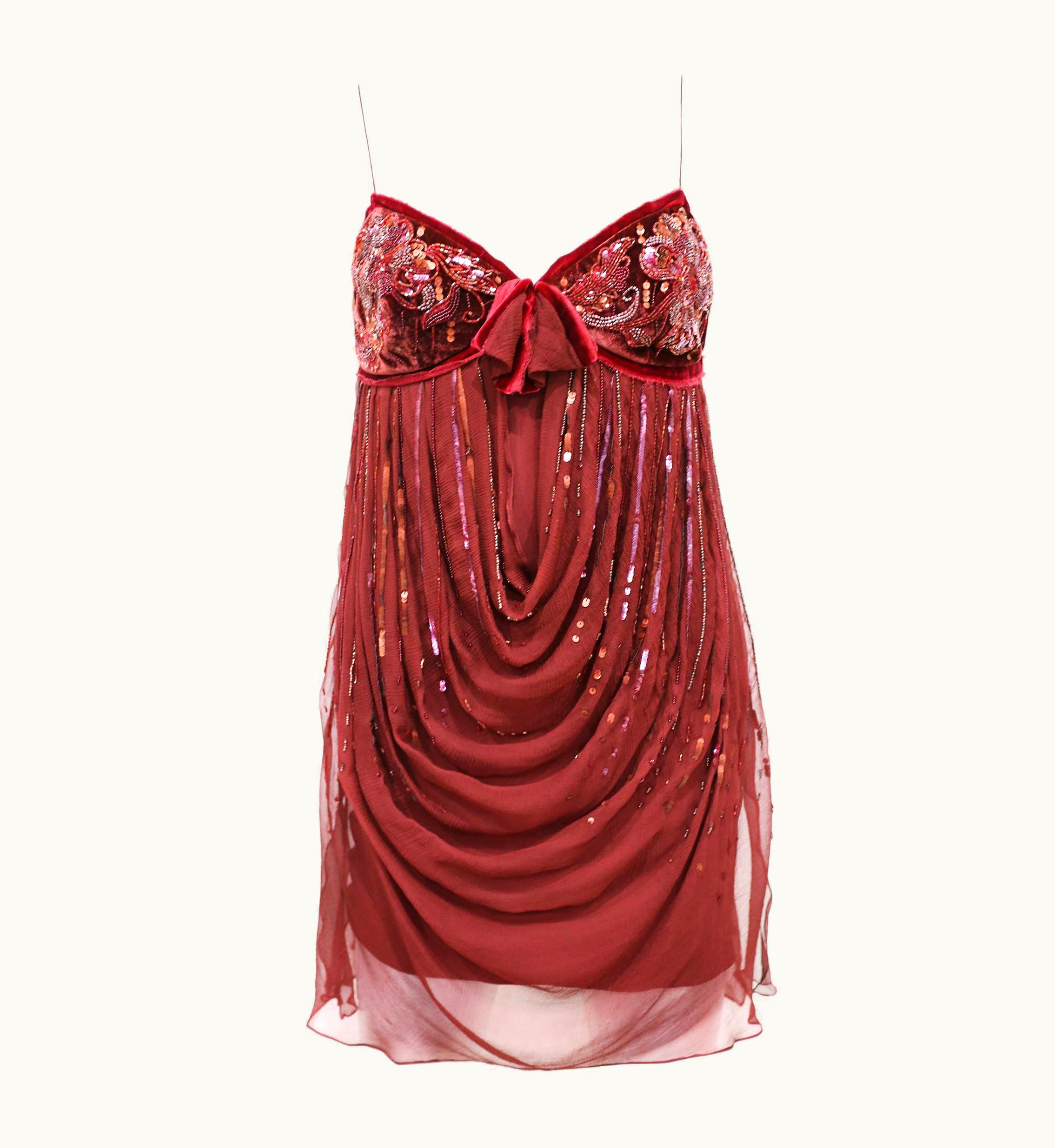 Dior Christian Dior Red Silk Chiffon And Velvet Embellished Evening Dress, C 2005