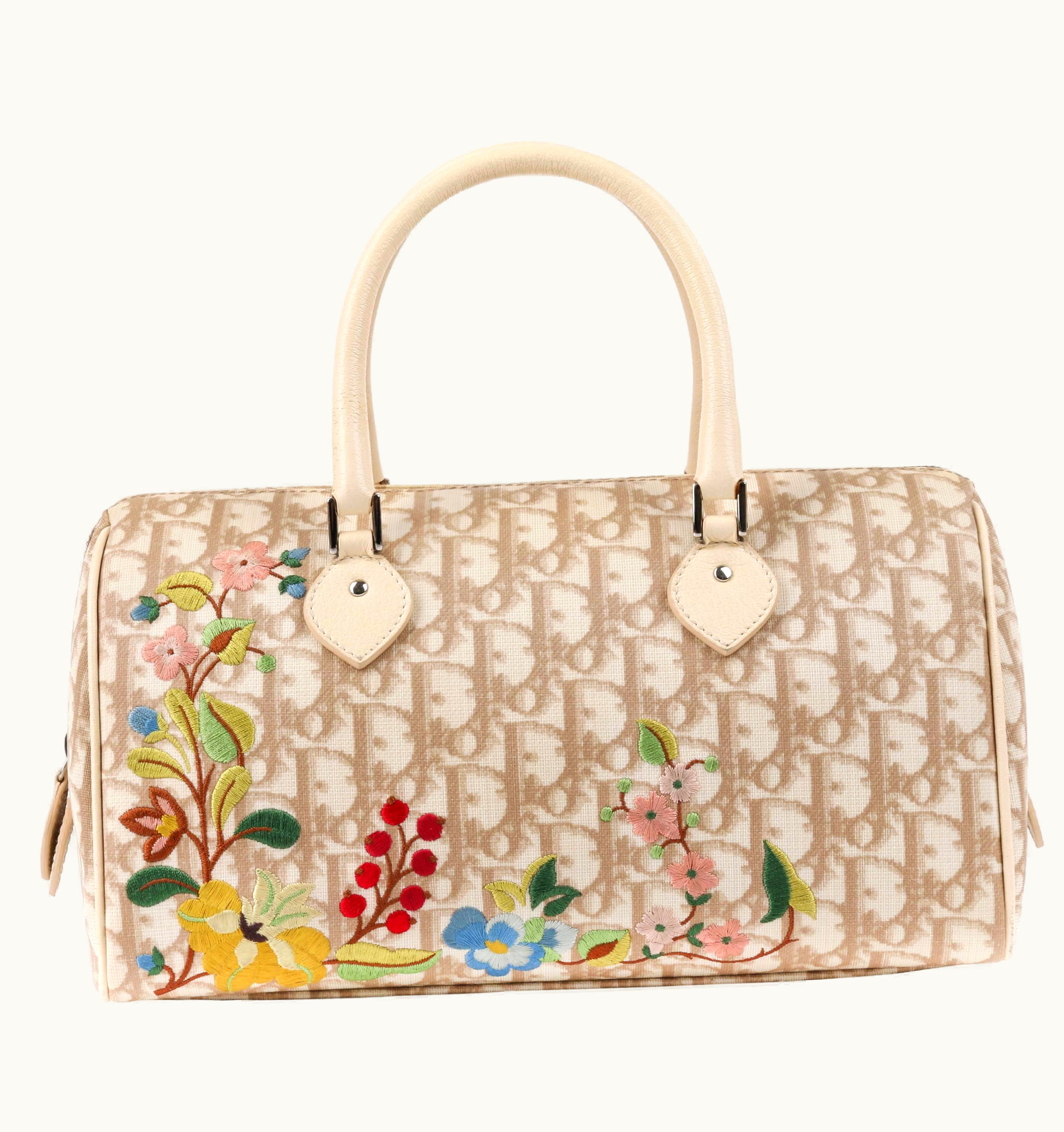 Dior Christian Dior S/S 2005 Beige Diorissimo Canvas Floral Embroidered Boston Bag