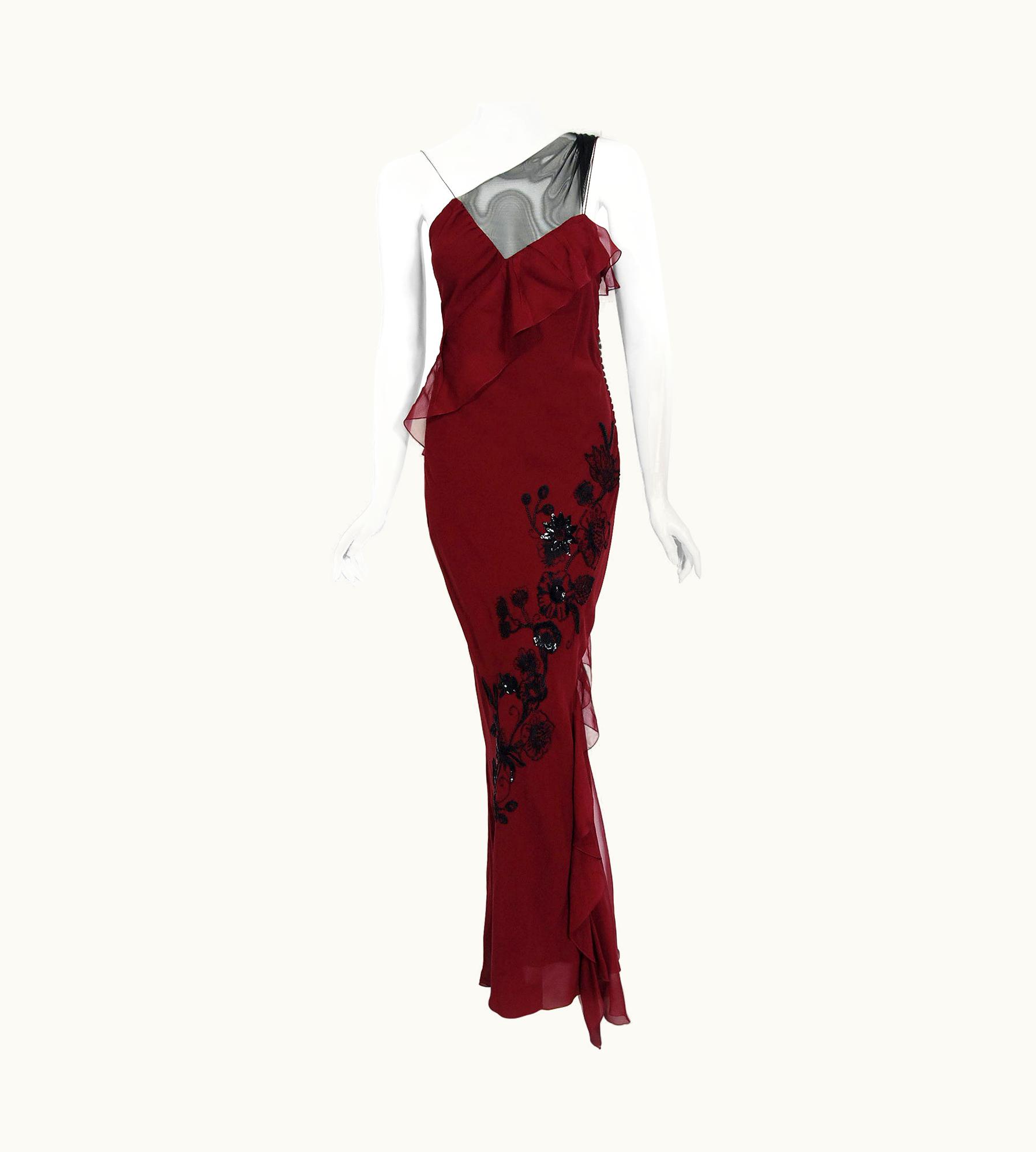 Dior Vintage 2006 Christian Dior By John Galliano Beaded Burgundy Silk Bias-Cut Gown