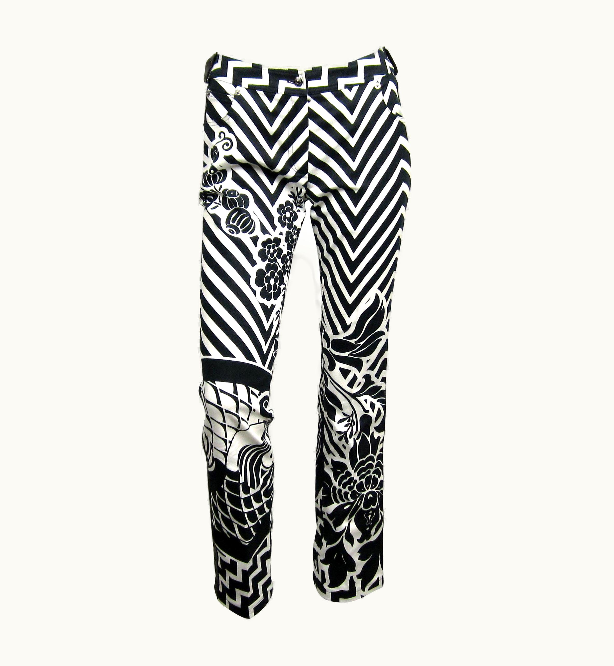 Dior John Galliano For Dior Bondage Pants Black & White Graphic Leather Buckle 1990s