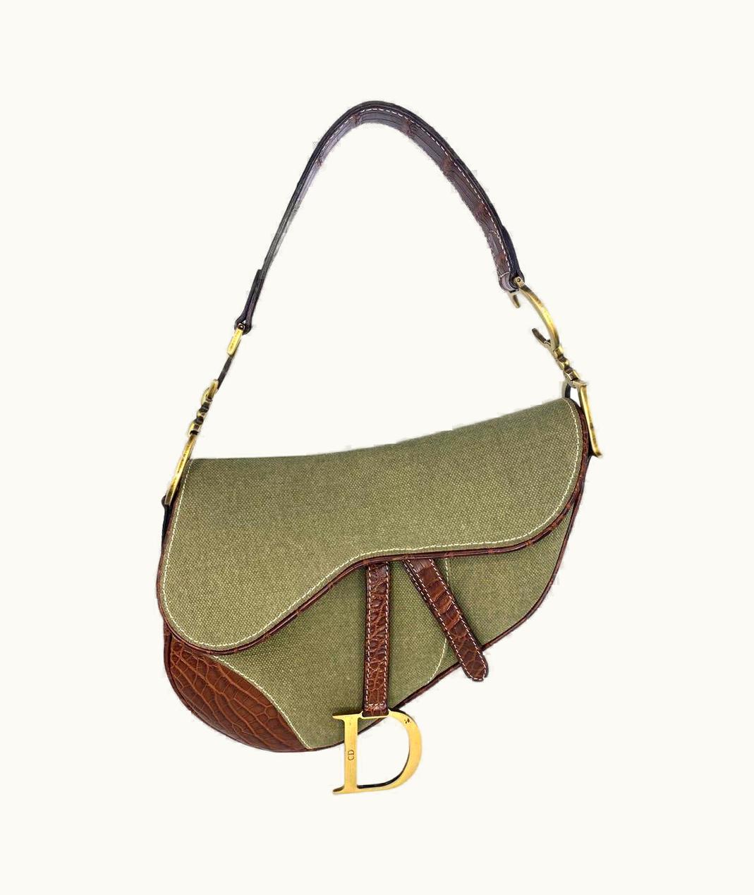 Dior S/S 2003 Christian Dior By John Galliano Brown Croc Green Canvas Saddle Bag