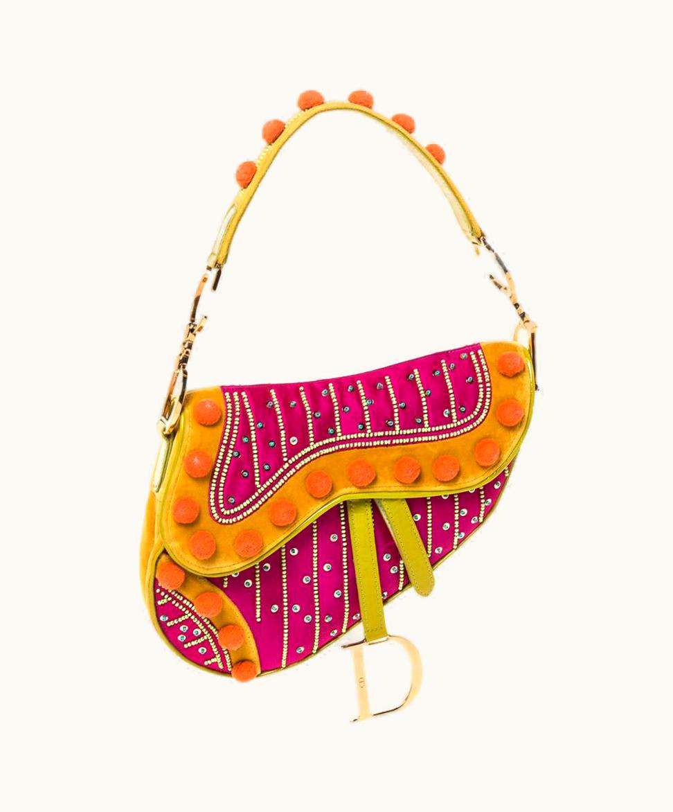 Dior Multicolor Velvet/Nylon And Leather Limited Edition Pom Saddle Bag