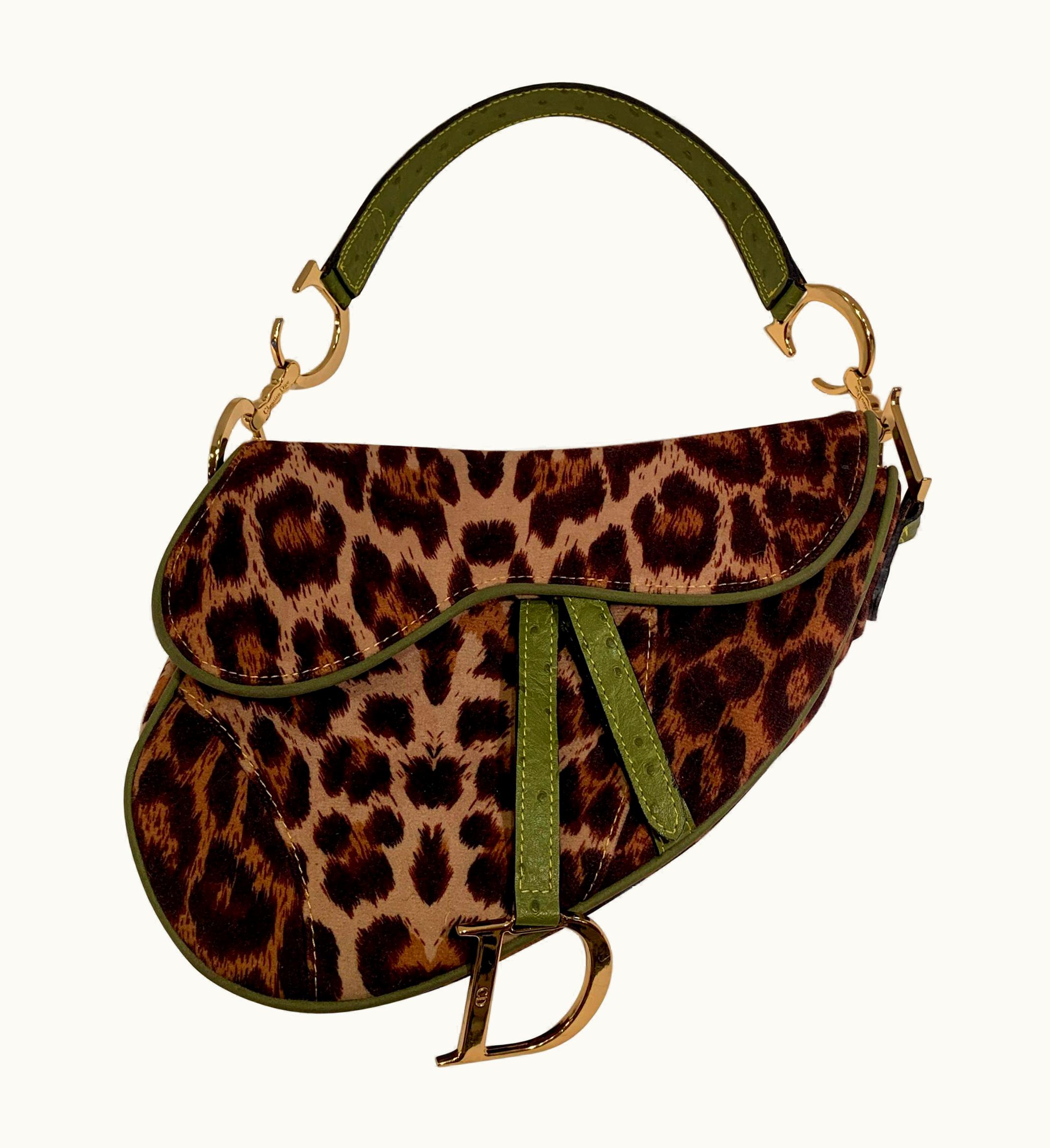Dior Iconic Christian Dior Leopard Print Saddle Bag With Gold-tone Logo Hardware