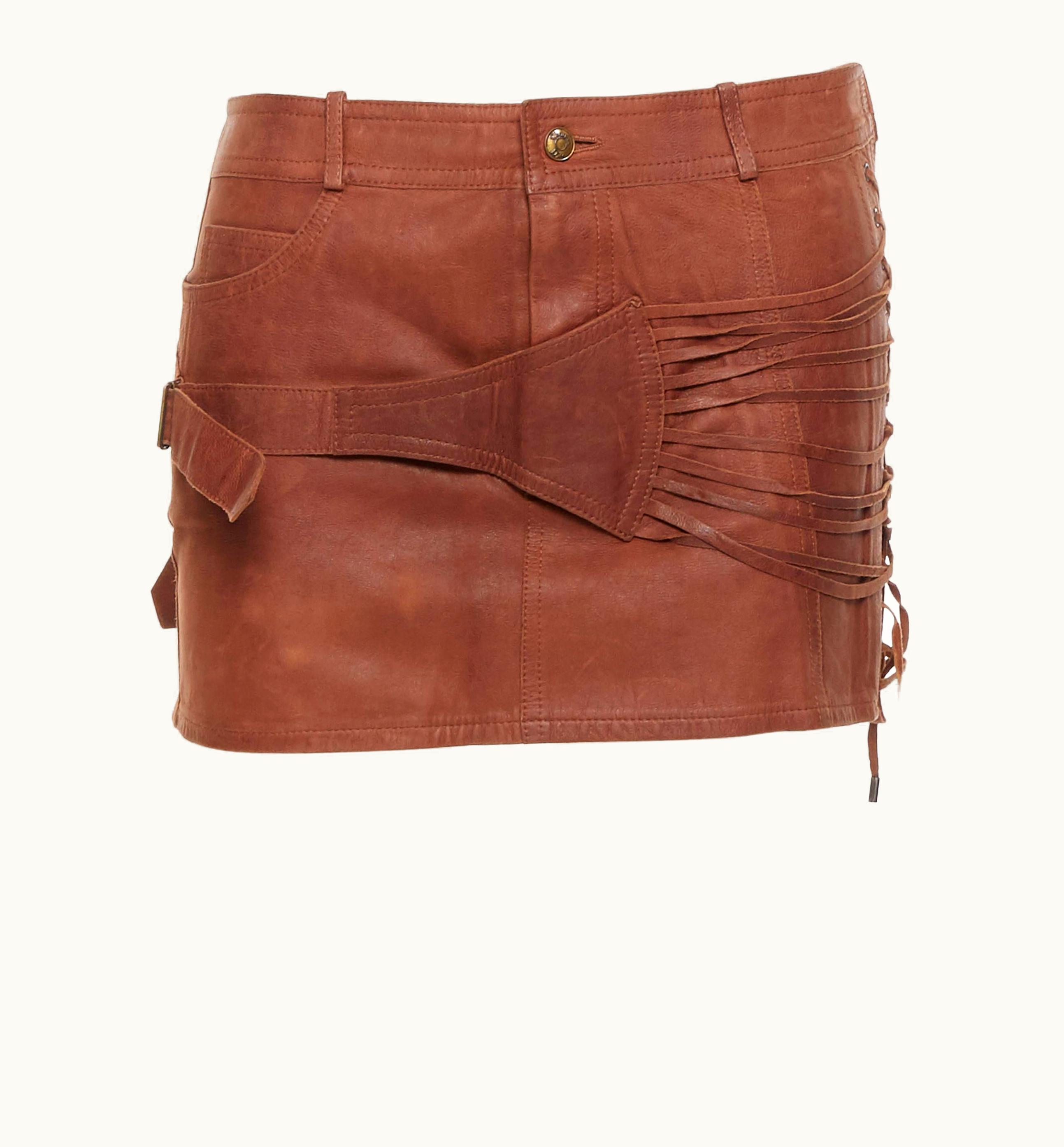 Dior Vintage Christian Dior Galliano Brown Leather Strappy Buckle Mini Skirt