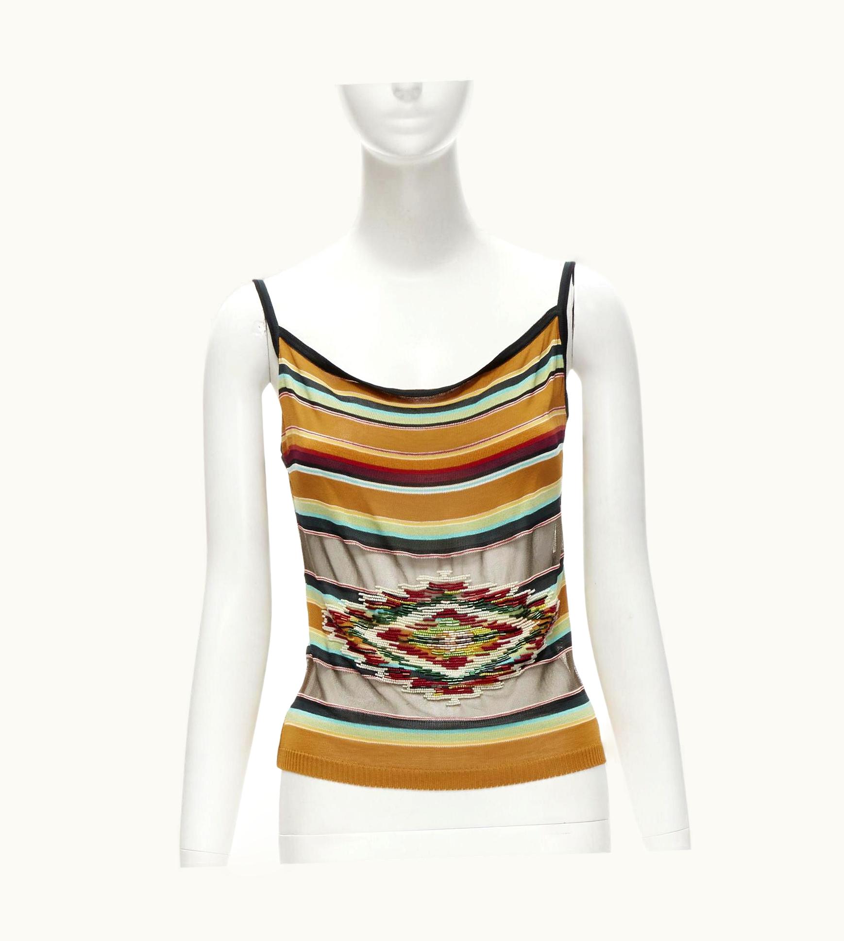 Dior Christian Dior Galliano 2001 Striped Aztec Beaded Sheer Waist Knit Tank