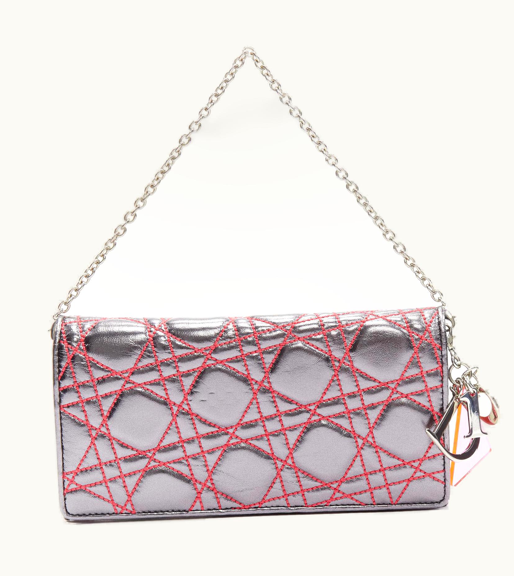Dior Christian Dior 2011 Anselm Reyle Silver Neon Pink Cannage Wallet On Chain Bag