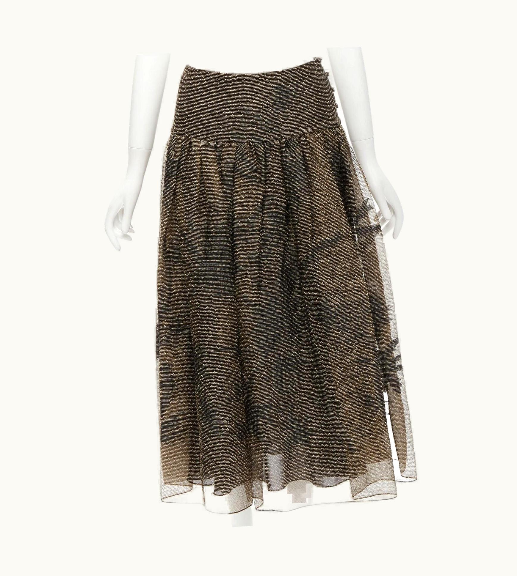 Dior Christian Dior 2021 Linen Silk Gold Black Leaf Pattern Faille Full Skirt