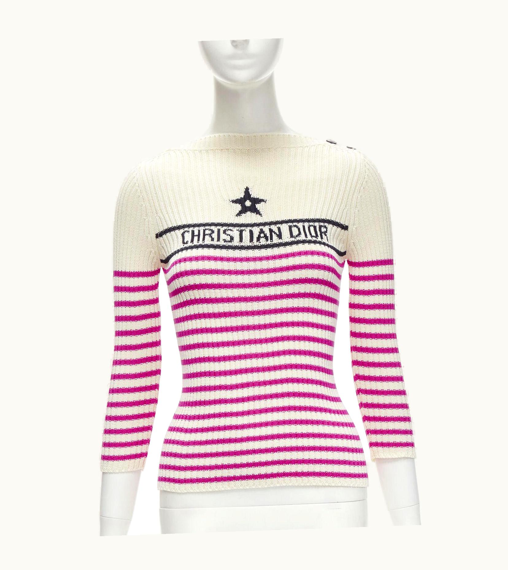 Dior Christian Dior 2022 Mariniere Pink Nautical Sailor Stripe Logo Ribbed Top