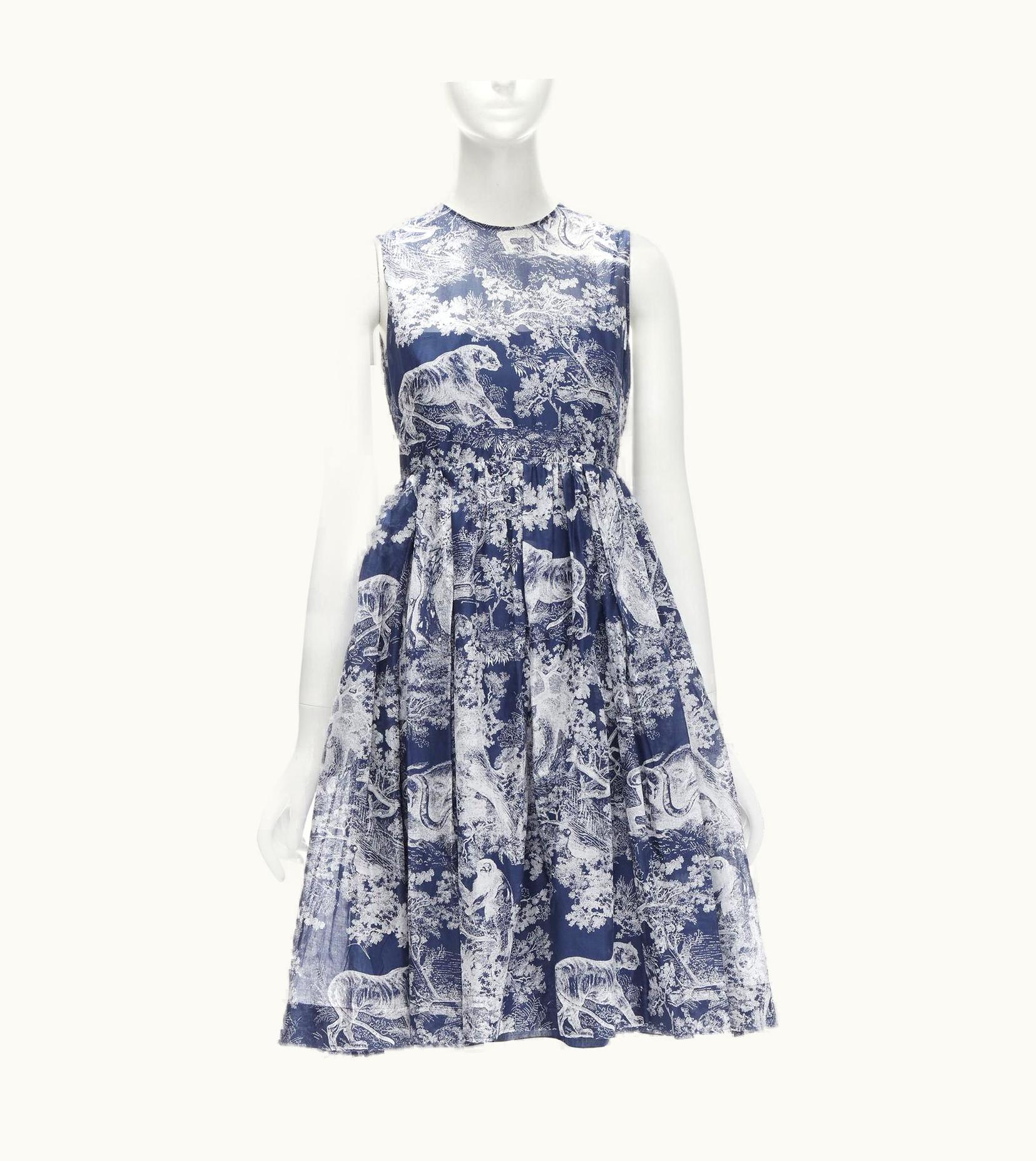 Dior Christian Dior 2022 Toile De Jouy Reverse Navy Cotton Flared Dress