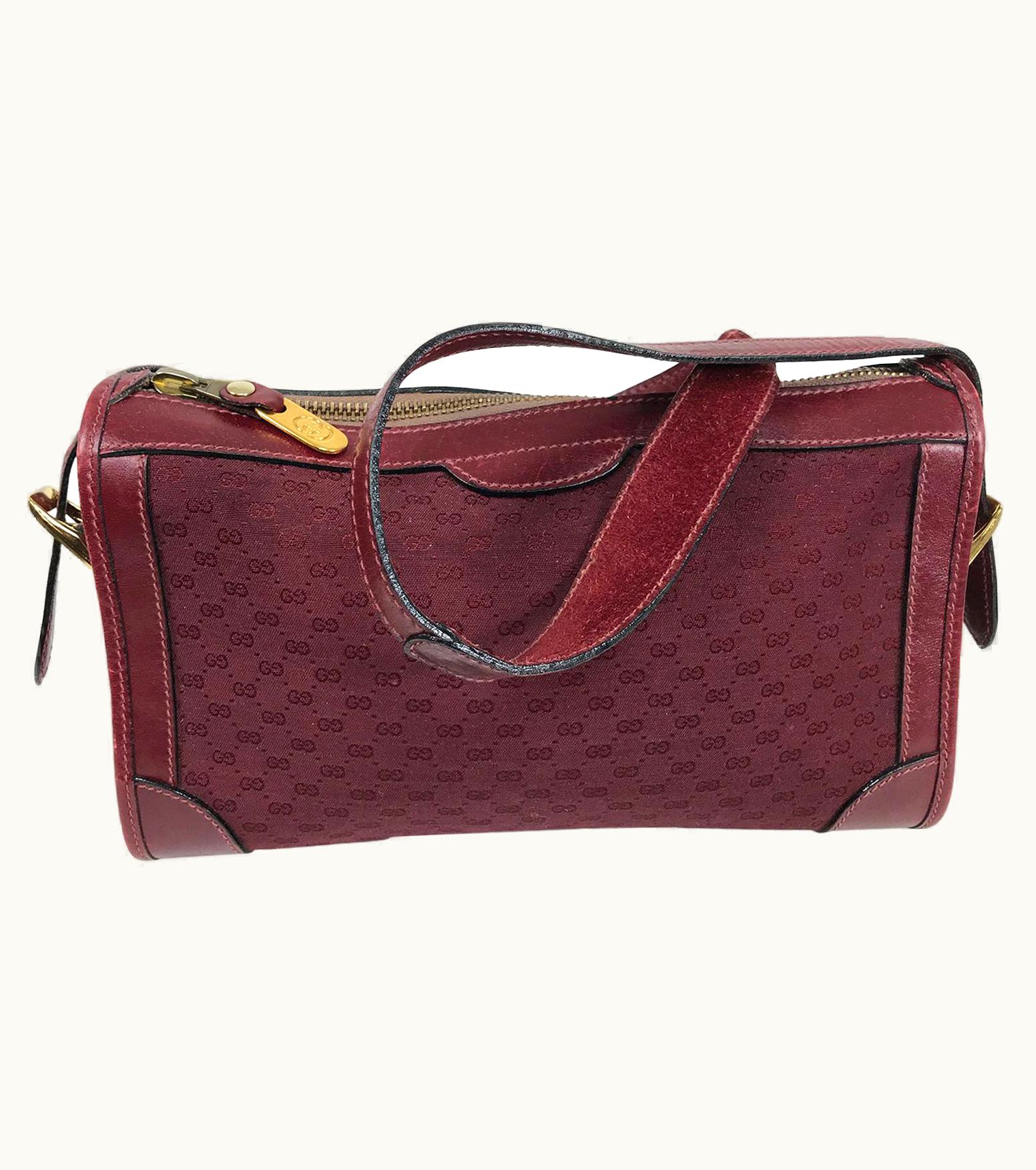 Gucci Vintage Gucci 1970s Burgundy Monogram Canvas & Leather Shoulder Bag