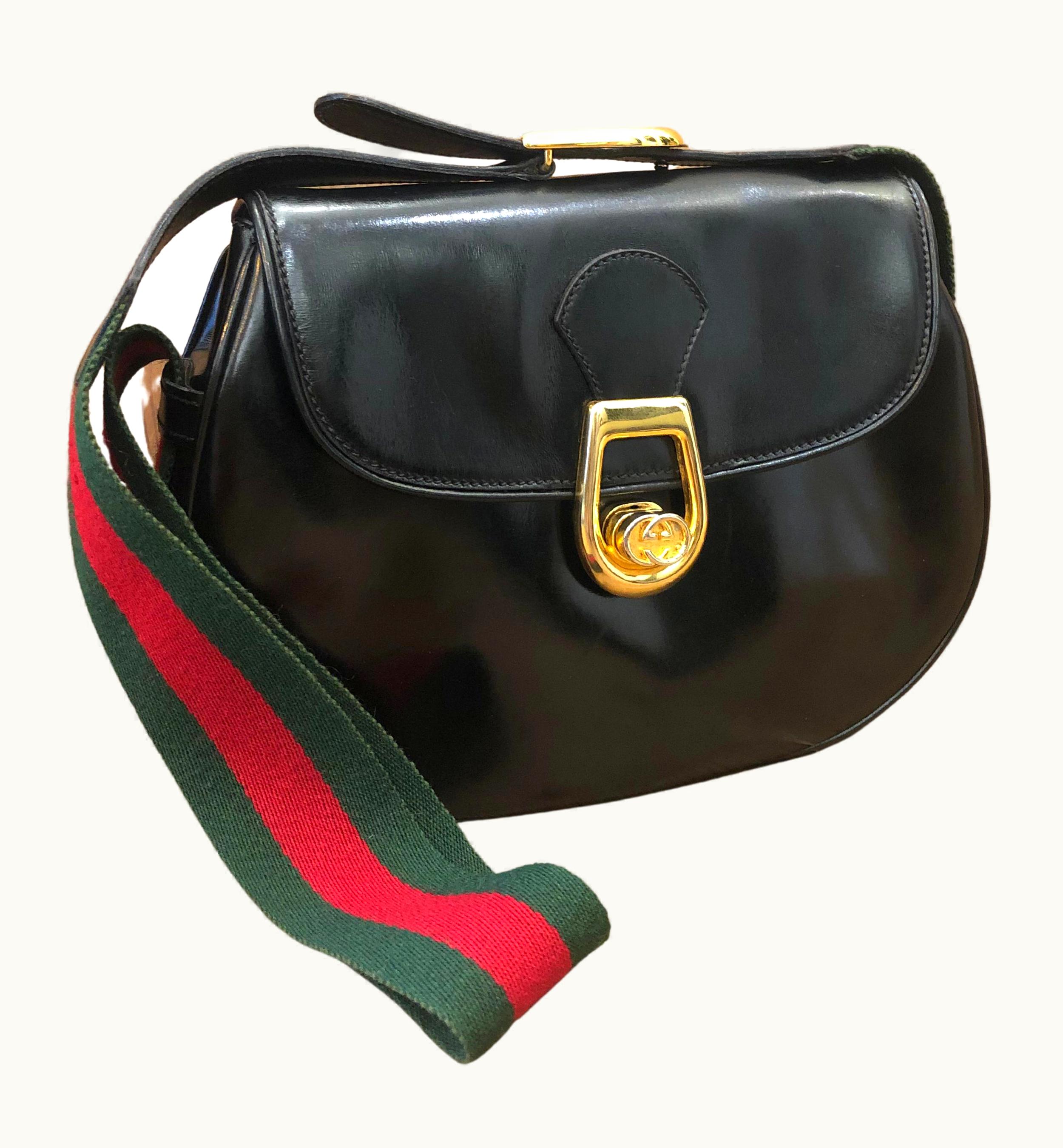 Gucci Vintage Gucci Web Leather Shoulder Bag Turnlock Black