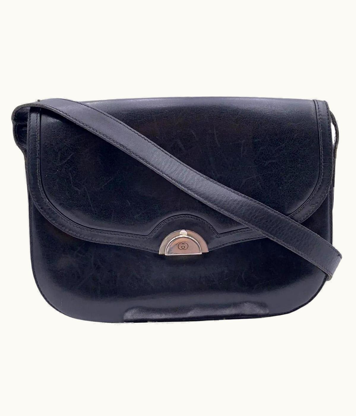 Gucci Vintage Black Leather Flap Shoulder Bag Crossbody