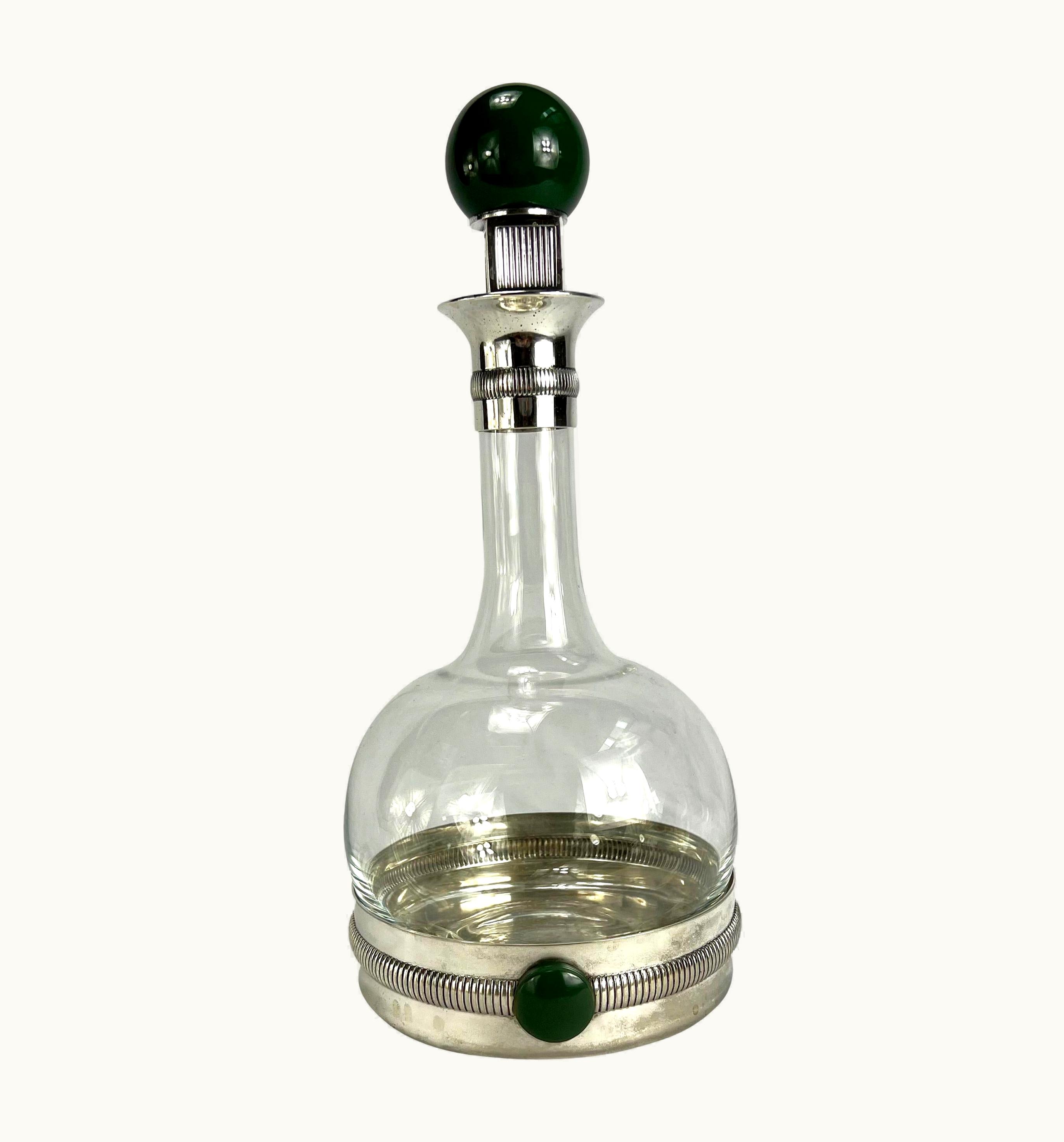 Gucci 1970s Gucci Silverplate Green Accented Glass Decorative Decanter