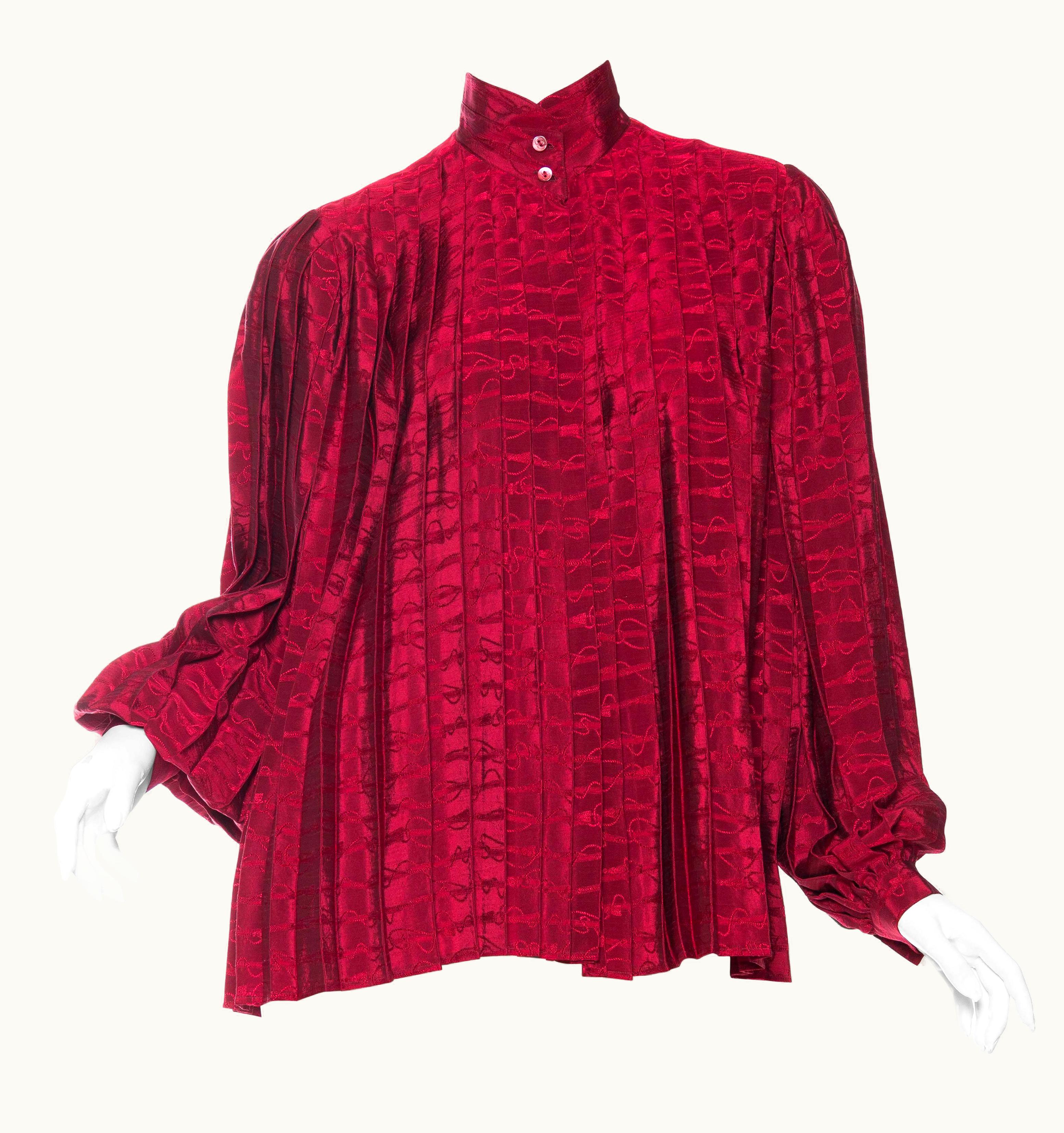 Gucci 1970s Gucci Cranberry Red Silk Jaquard Pleated Blouse