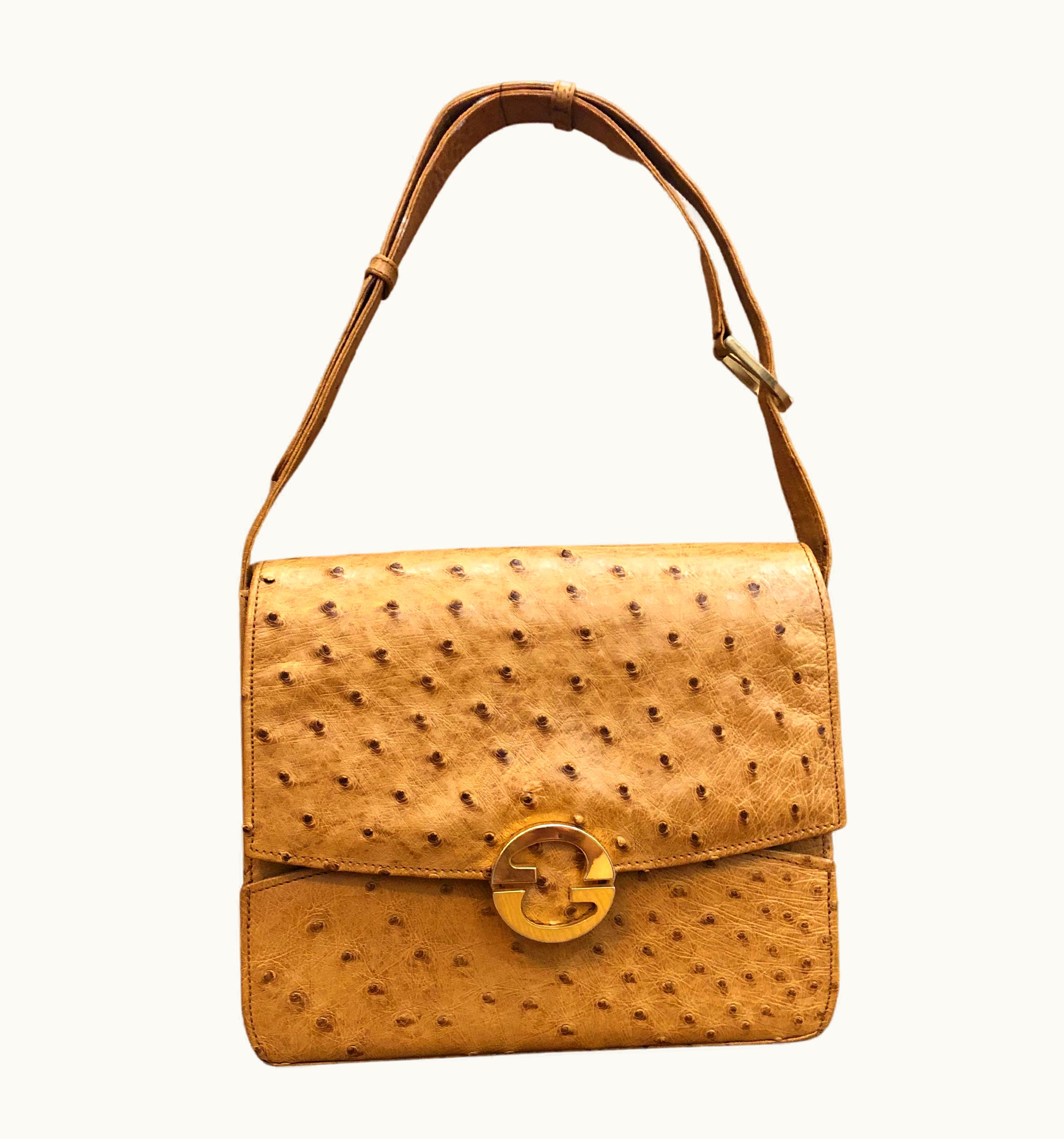 Gucci Vintage Gucci Caramel Ostrich Leather Box Shoulder Bag