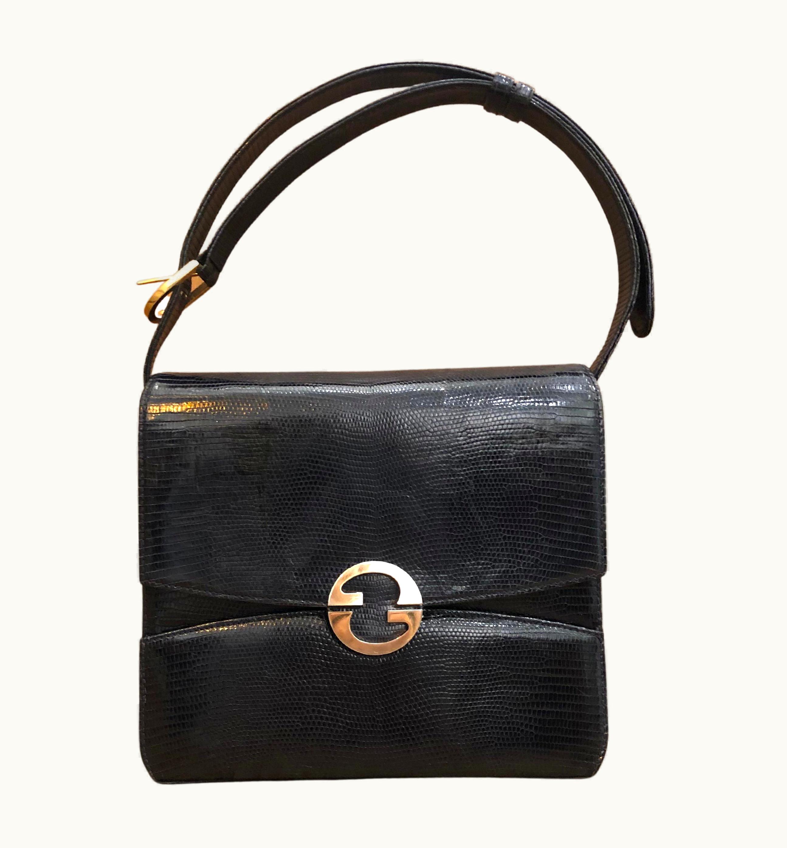 Gucci Vintage Gucci Black Lizard Leather Box Shoulder Bag