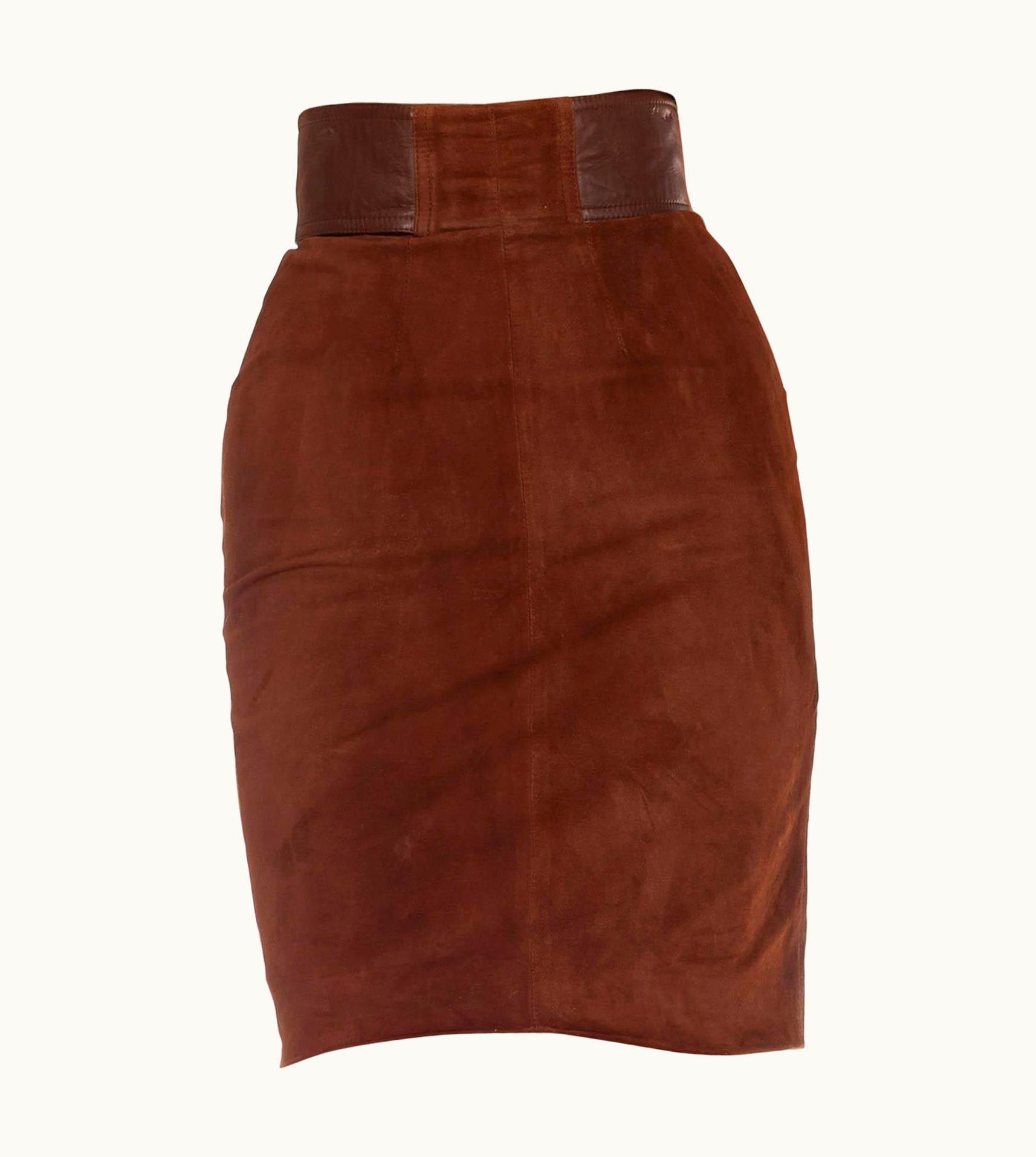 Gucci 1970s Gucci Chocolate Brown Suede & Leather Belted Skirt