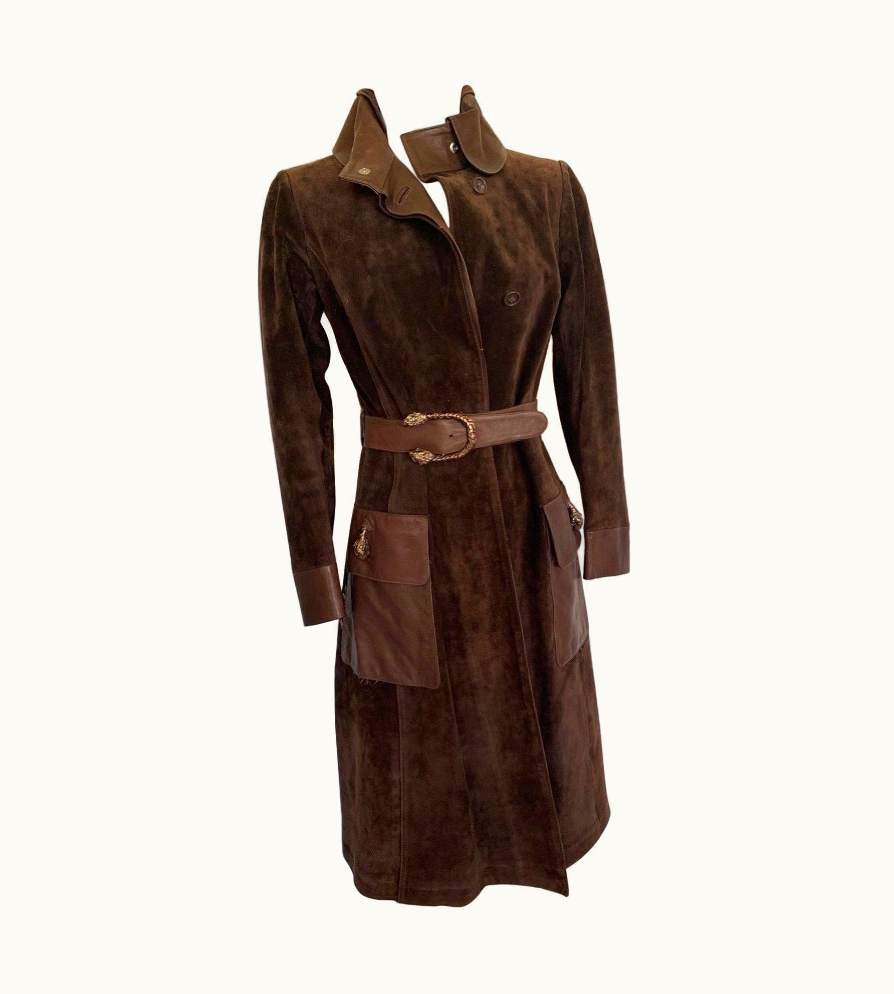 Gucci Vintage Gucci 70s Brown Suede Enamel Tiger Head Trench Coat