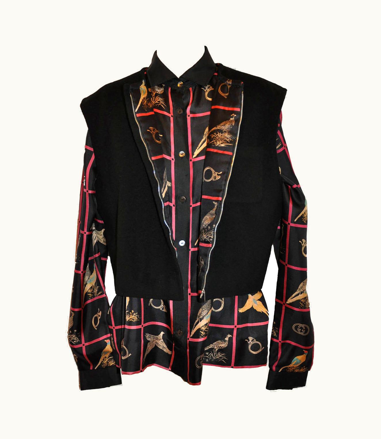 Gucci Silk Blouse With Matching Lined Wool Vest Ensemble