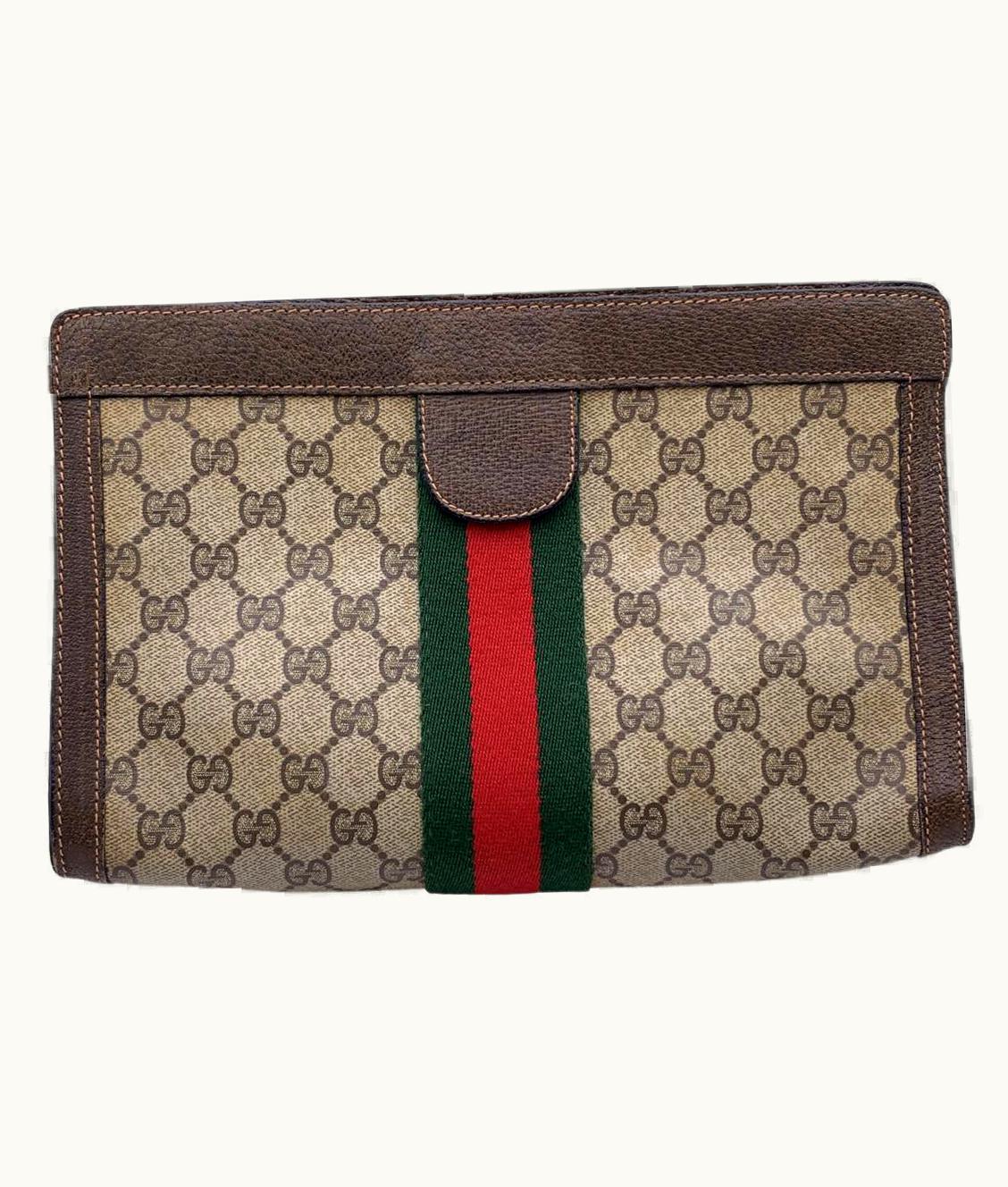 Gucci Vintage Brown Monogram Canvas Cosmetic Bag Clutch With Stripes