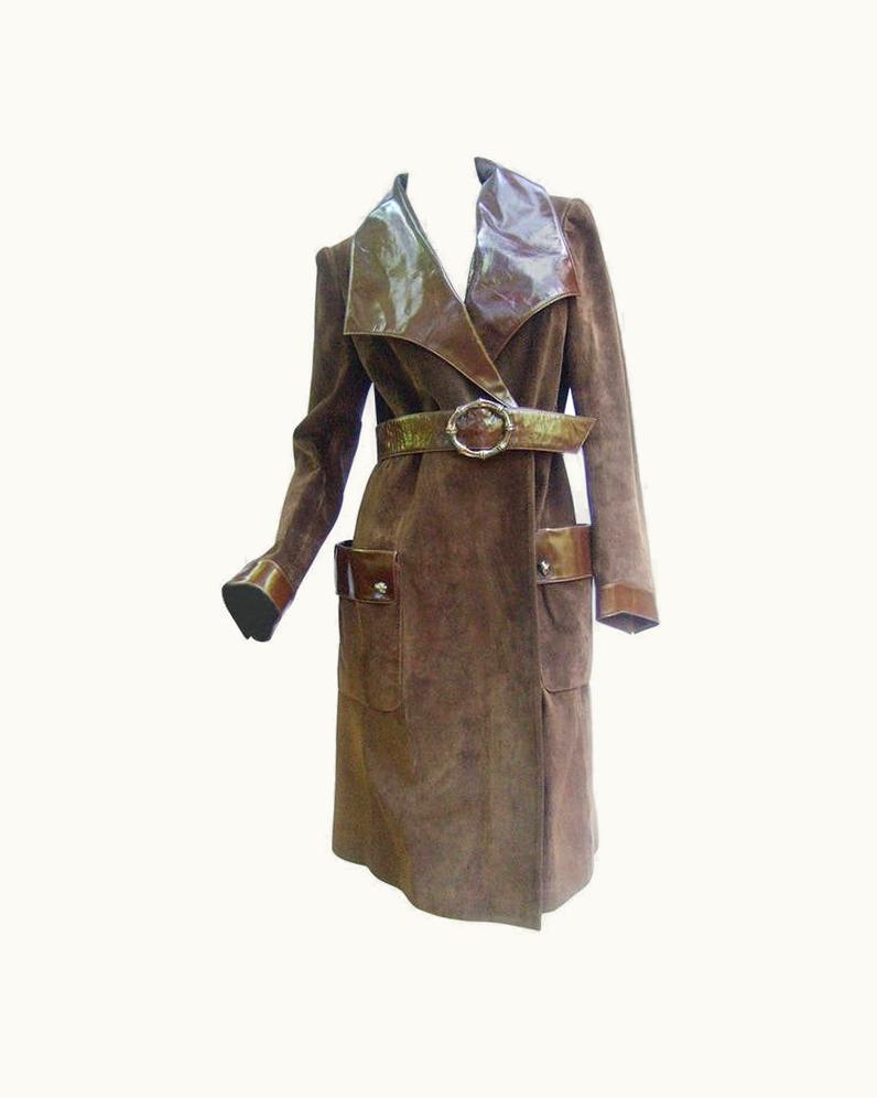 Gucci Brown Suede Trench Coat With Sterling Silver Buckle Ca 1970