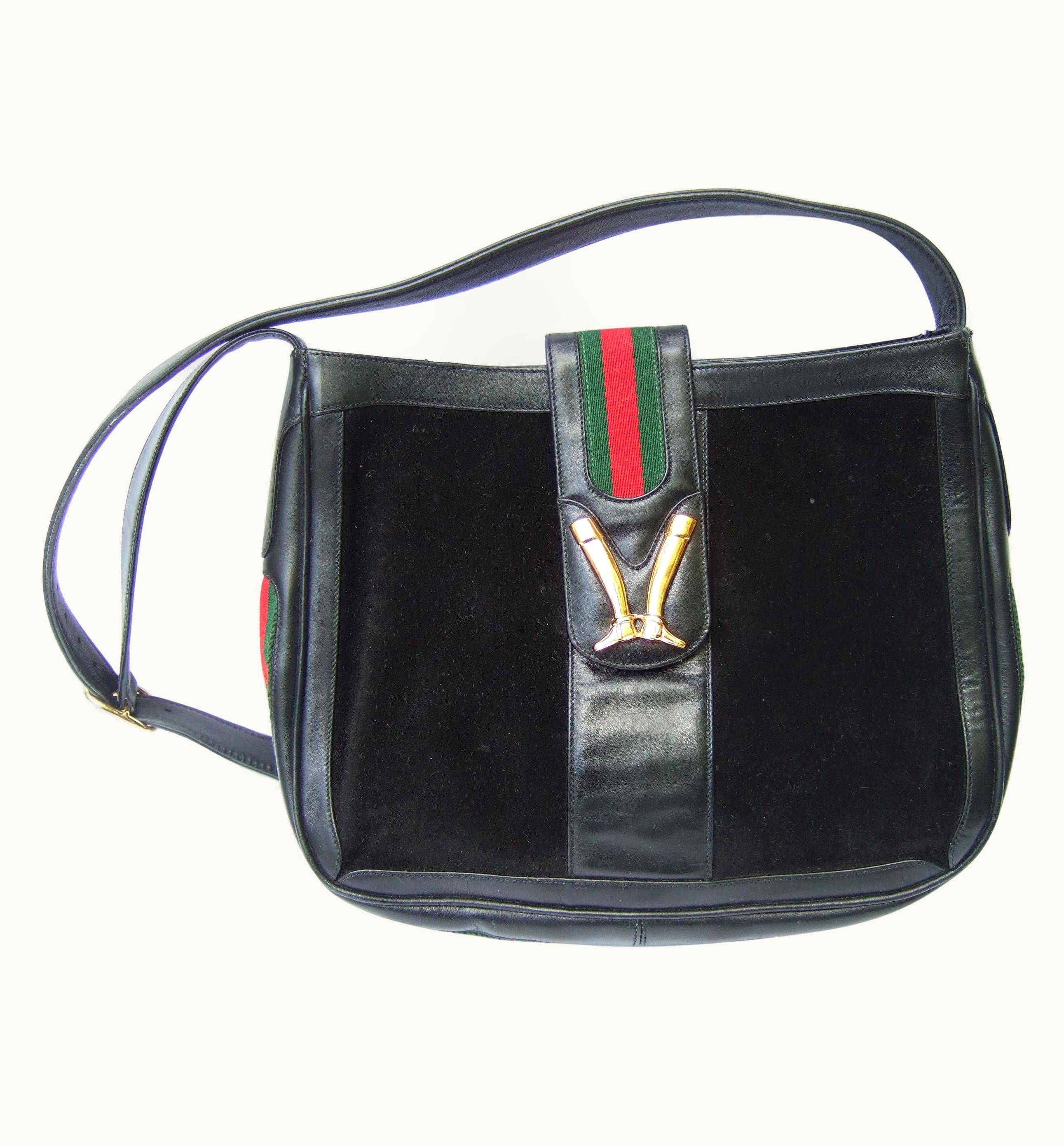 Gucci Italy Rare Black Suede Boot Emblem Shoulder Bag C 1970s