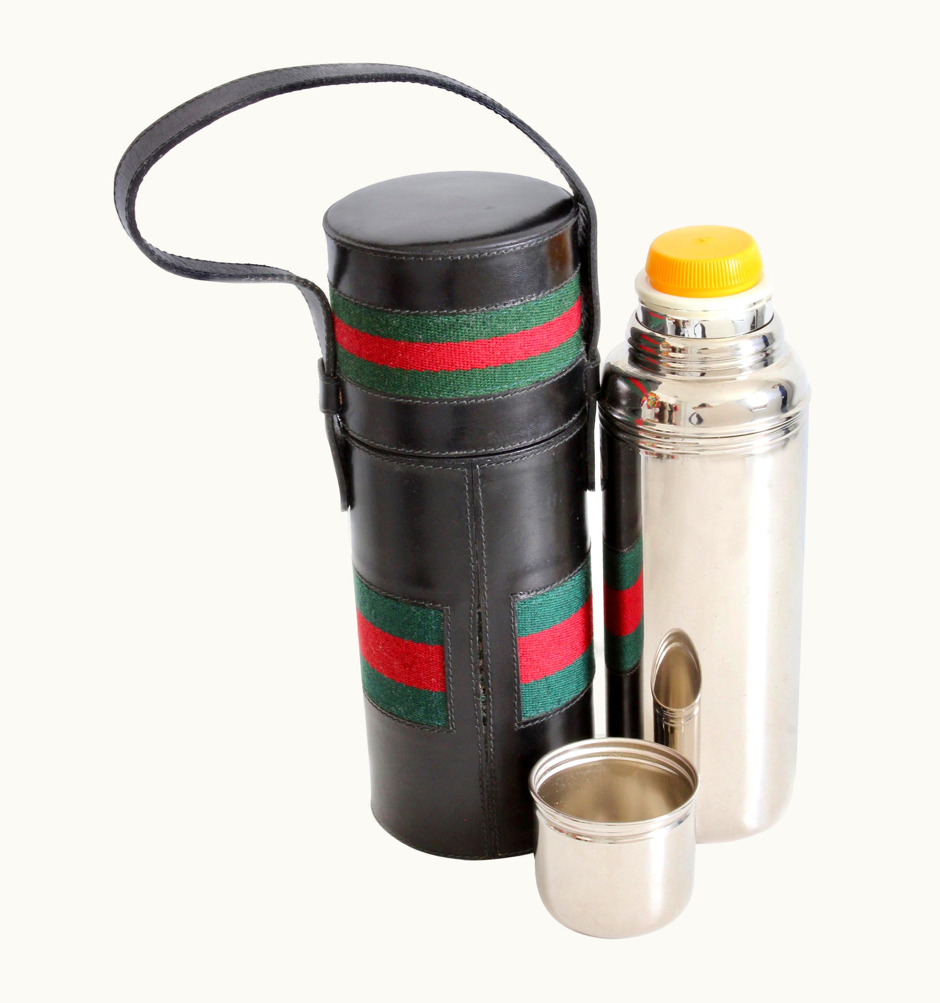 Gucci Black Leather Thermos Tote Bag Red Green Webbing Barware 1970s