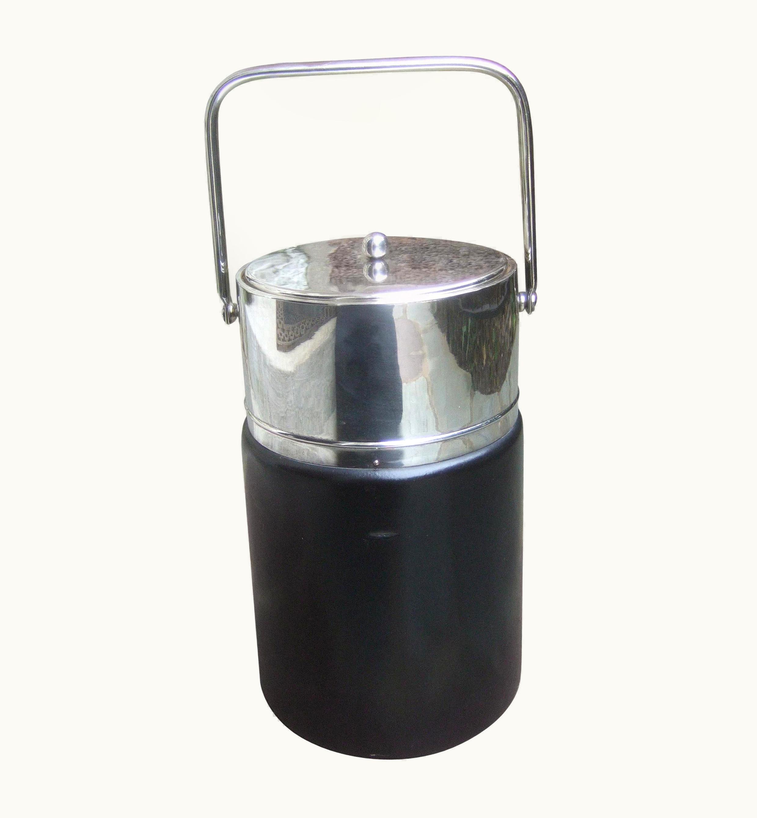 Gucci Italy Sleek Chrome Black Leather Ice Bucket C 1970s