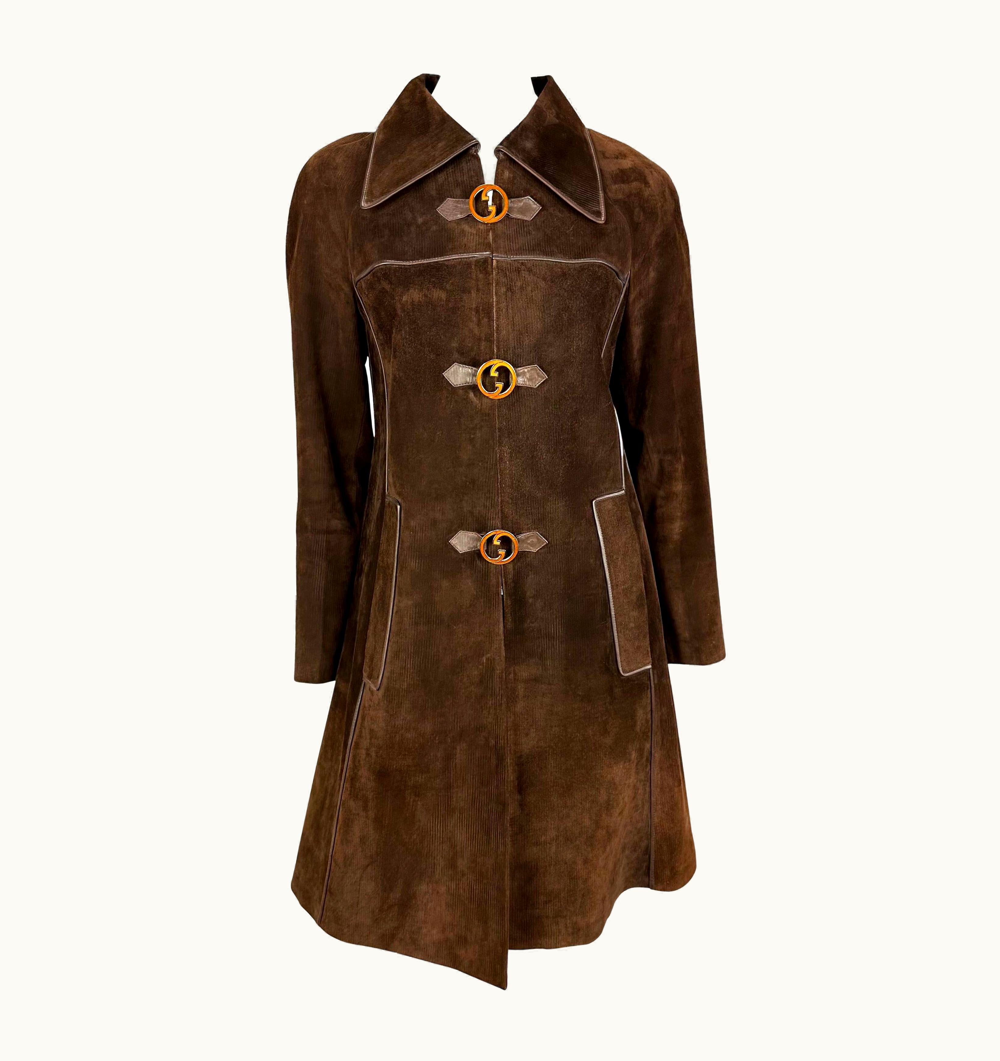 Gucci 1970s Brown Suede Gucci Trench Coat Orange Enamel 'gg' Monogram Closure