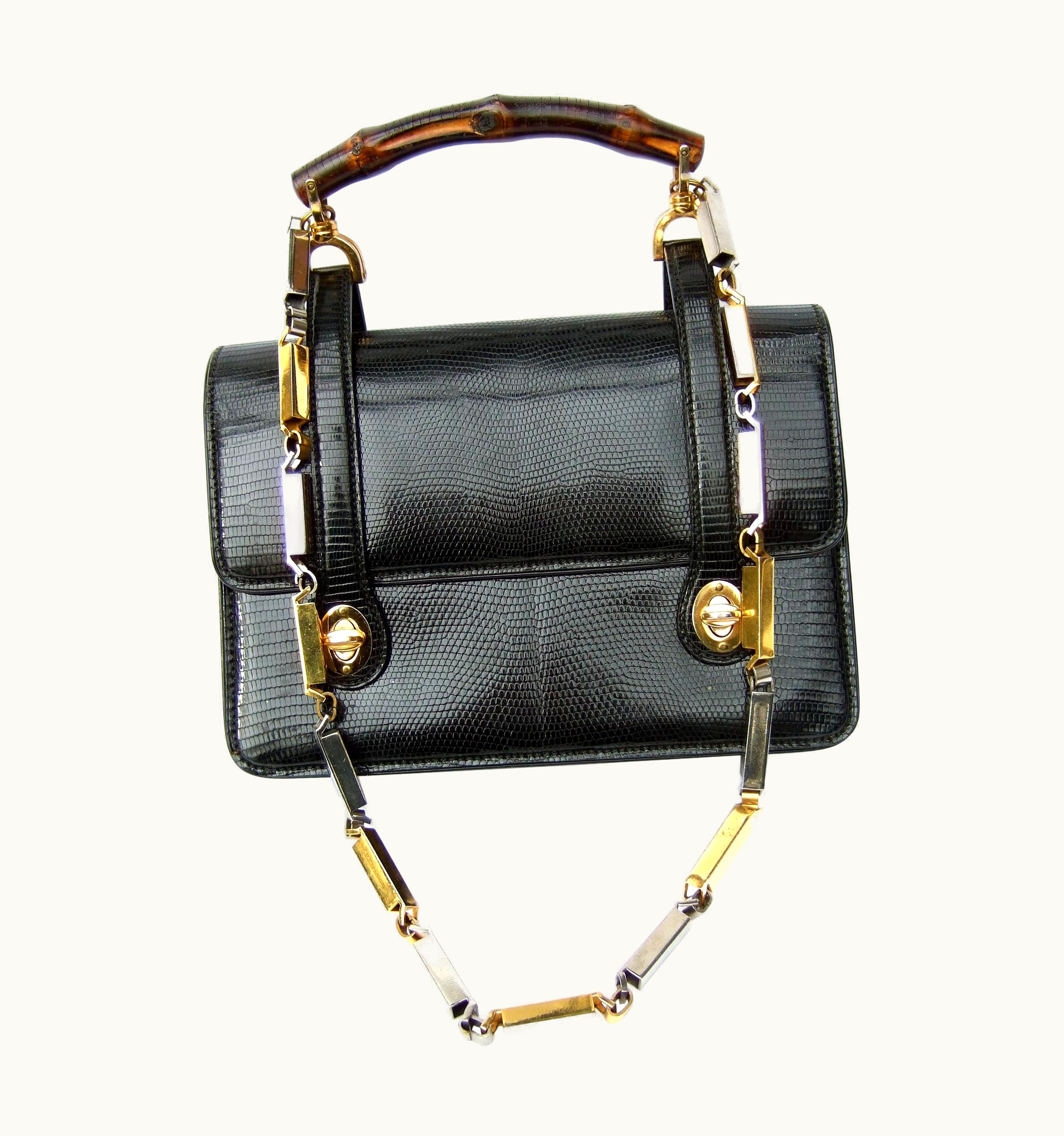 Gucci Rare Gucci Italian Black Lizard Leather Handbag - Shoulder Bag C 1970s