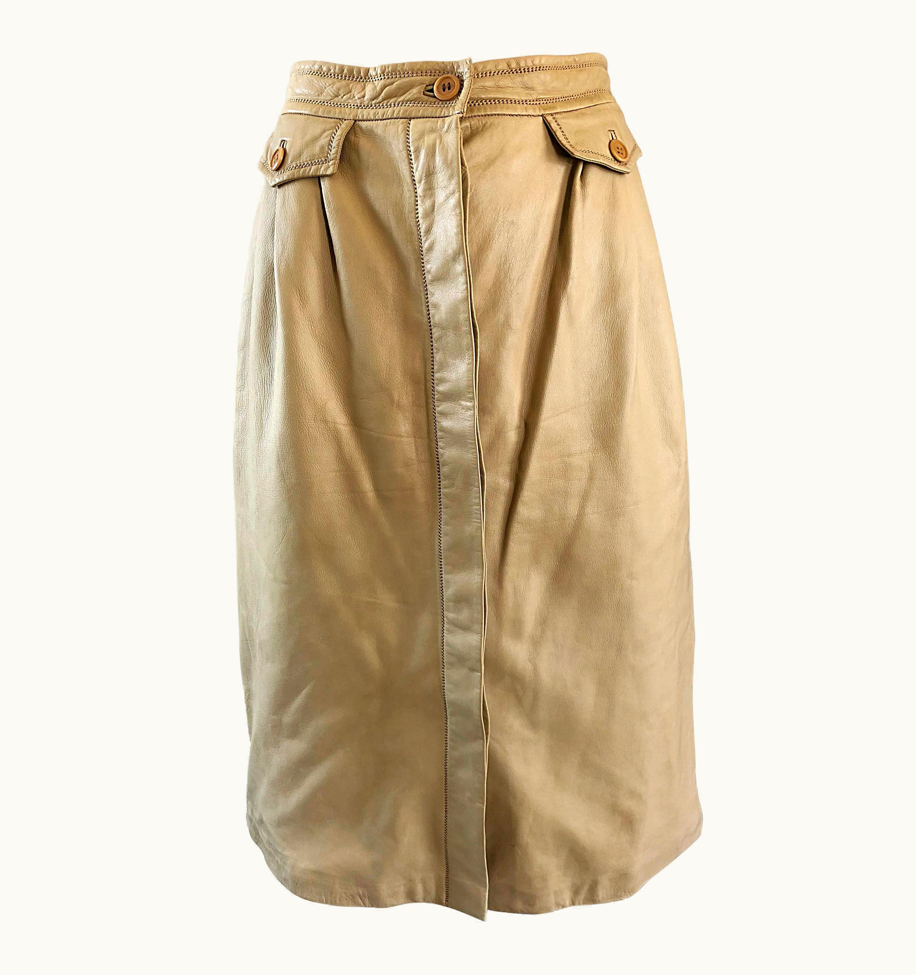 Gucci 1970s Gucci Tan Leather Incredible Vintage 70s Skirt WS/S Pockets