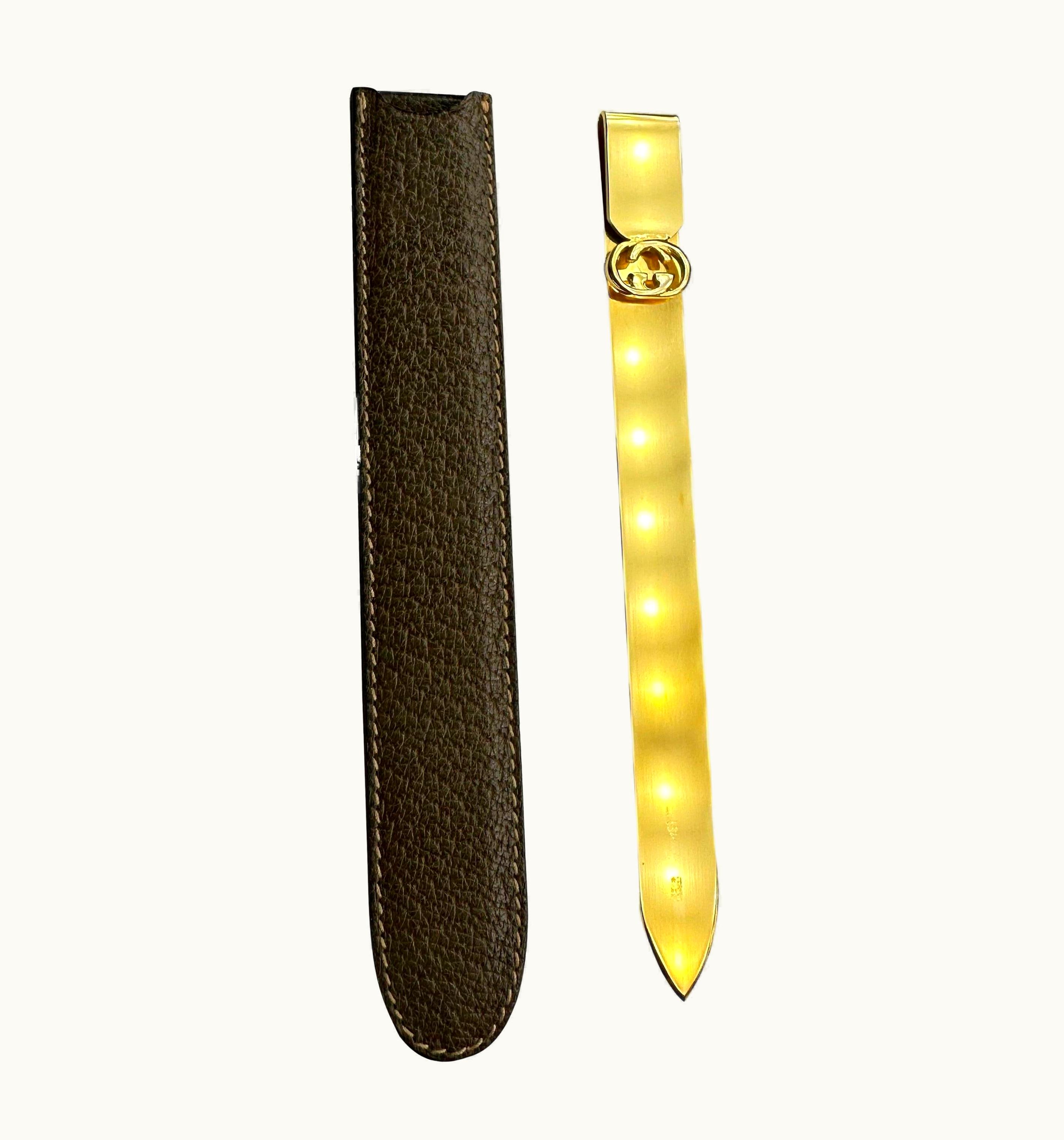 Gucci 1970s Gucci Gold Tone 'gg' Letter Opener Bookmark With Brown Leather Case