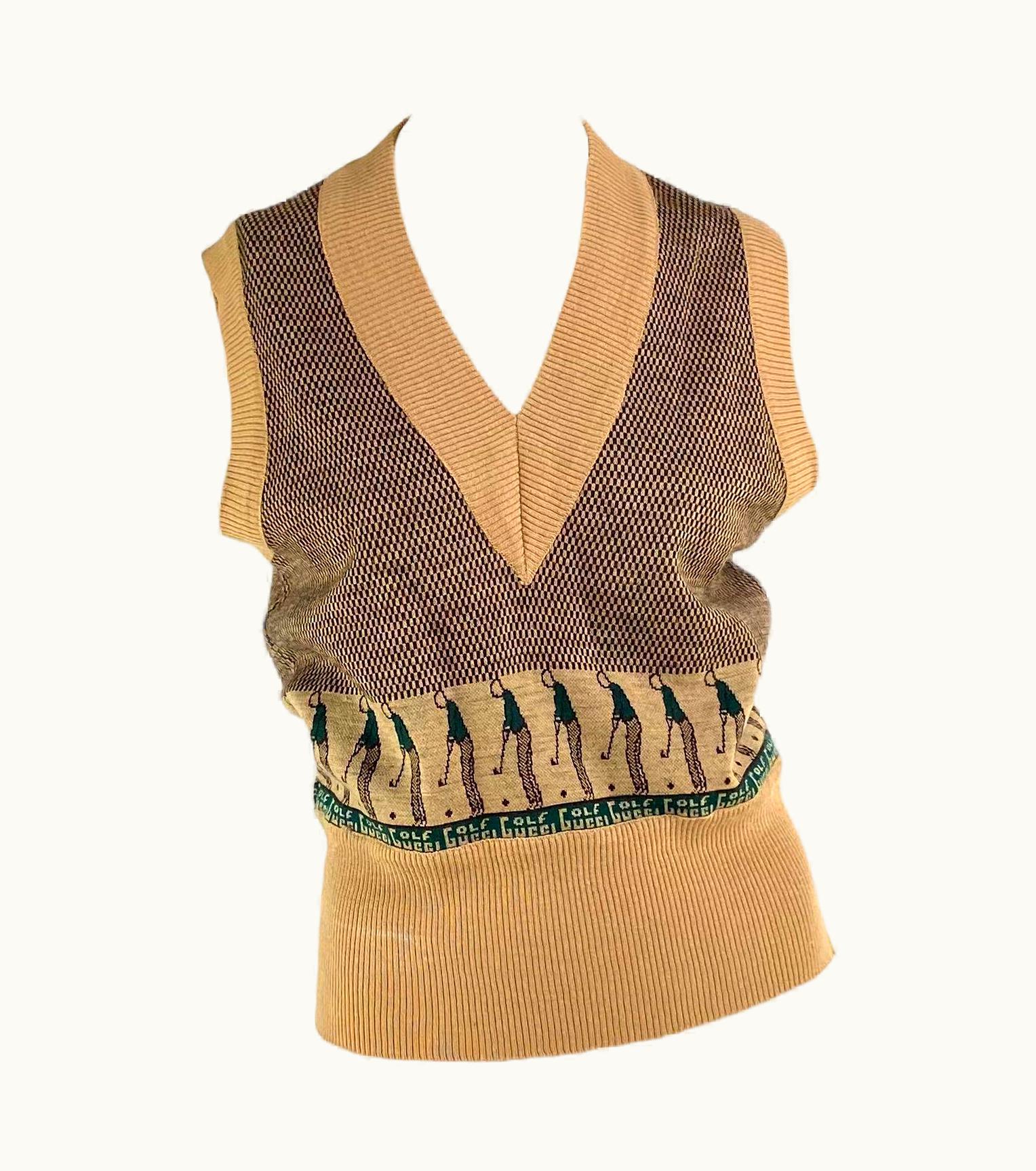 Gucci 1970s Gucci Golf Logo Knit Beige Green Men' V-Neck Sweater Vest