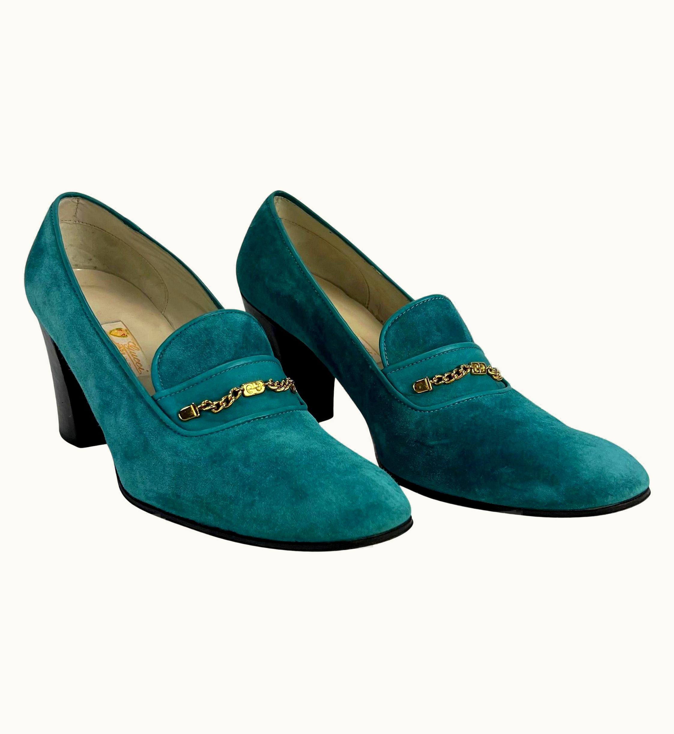 Gucci 1970s Gucci Gg Logo Chain Suede Teal Loafer Block Heels .5aa
