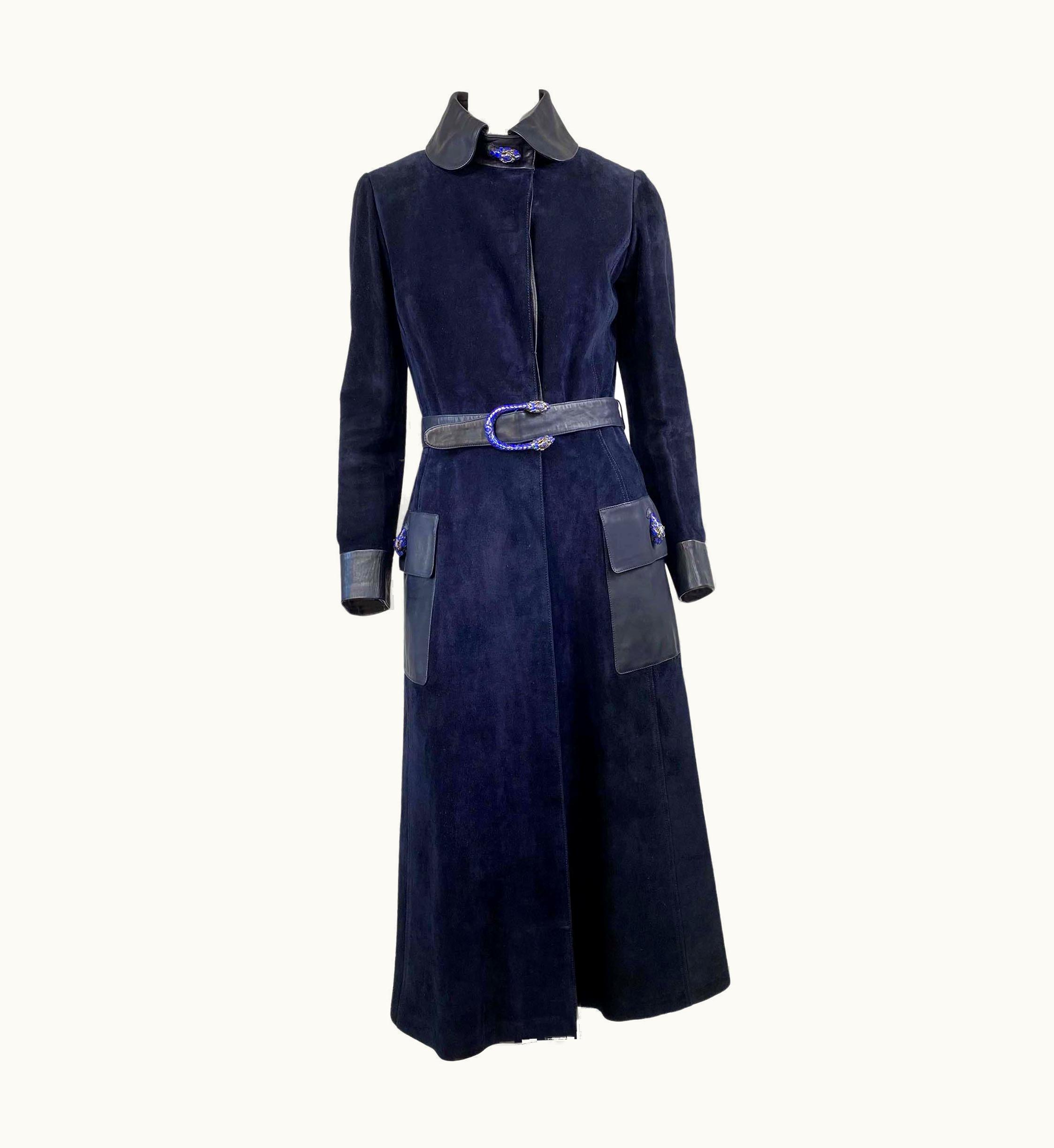 Gucci 1970s Gucci Dionysus Tiger Head Navy Suede Leather Full-Length Trench Coat
