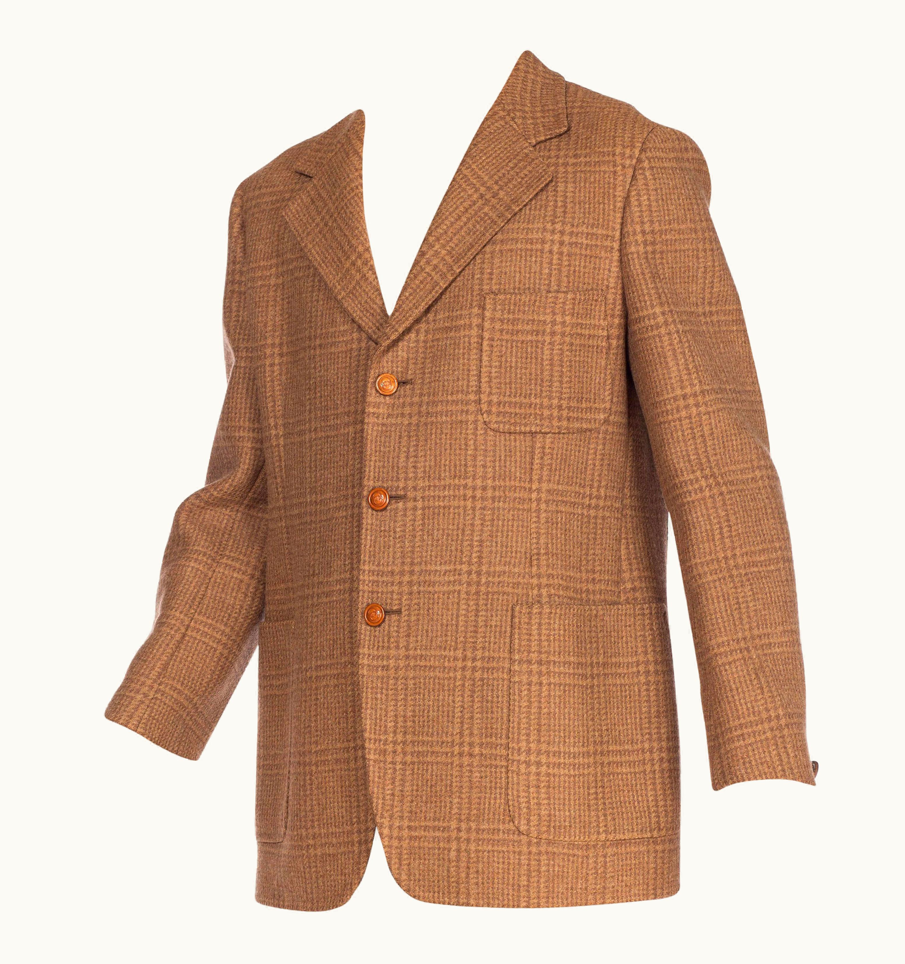 Gucci 1970s Gucci Wool Plaid Men' Tweed Blazer With Embossed Logo Leather Buttons