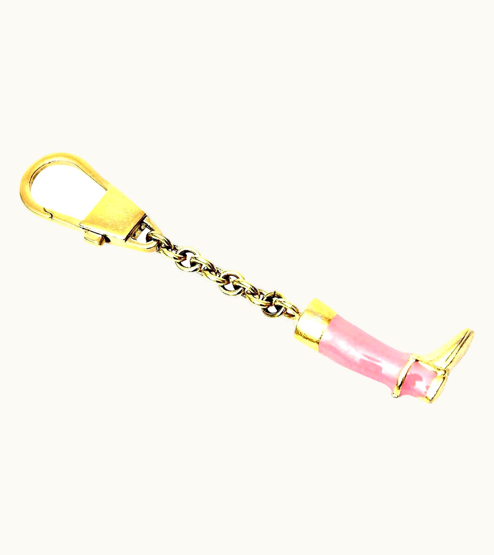 Gucci Signed Vintage Pink Enamel And Brass Plate Stirrup Boot Key Chain