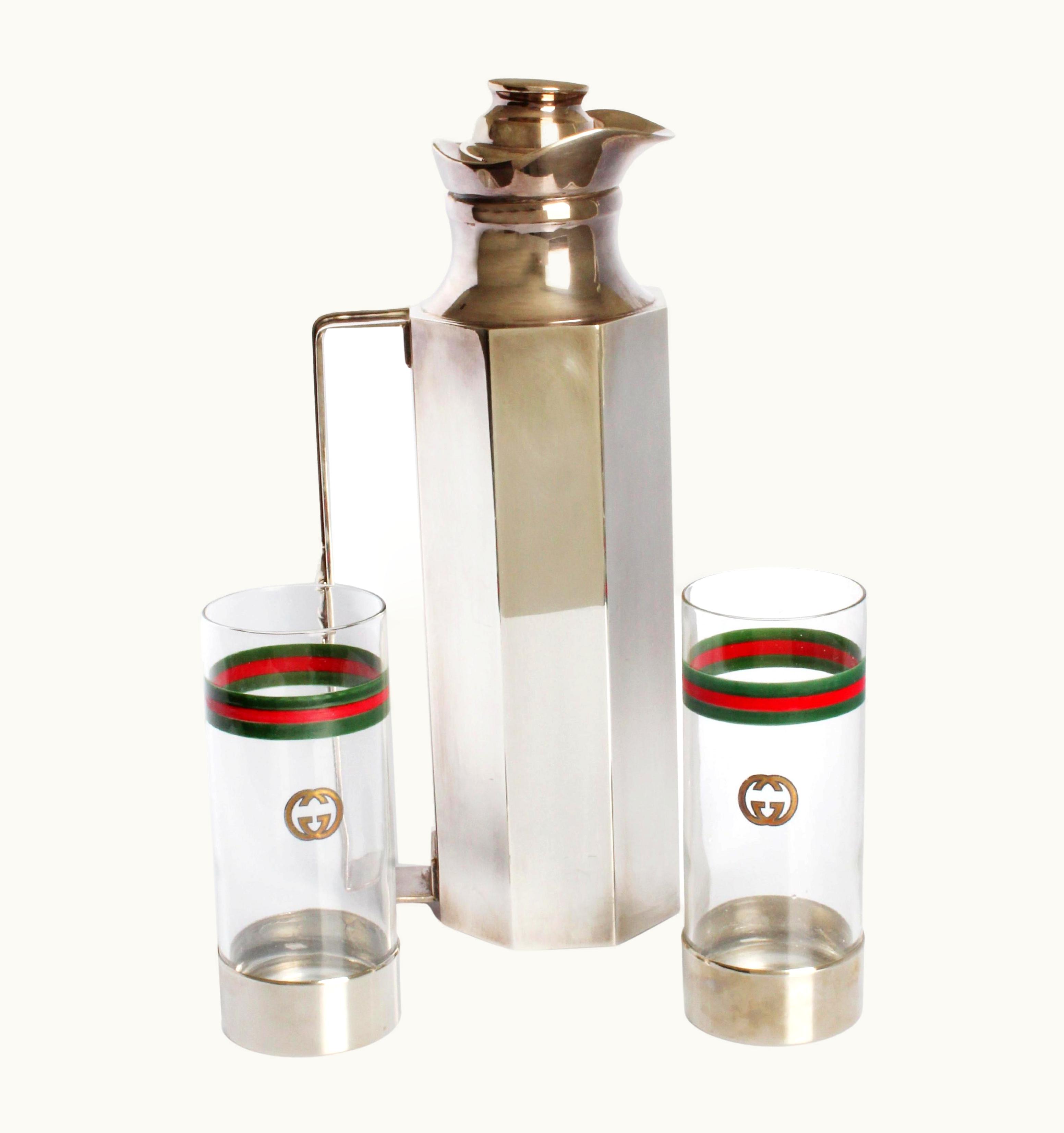 Gucci Barware Set Gg Logo Highball Glasses And Horse Bit Decanter Vintage 1970s