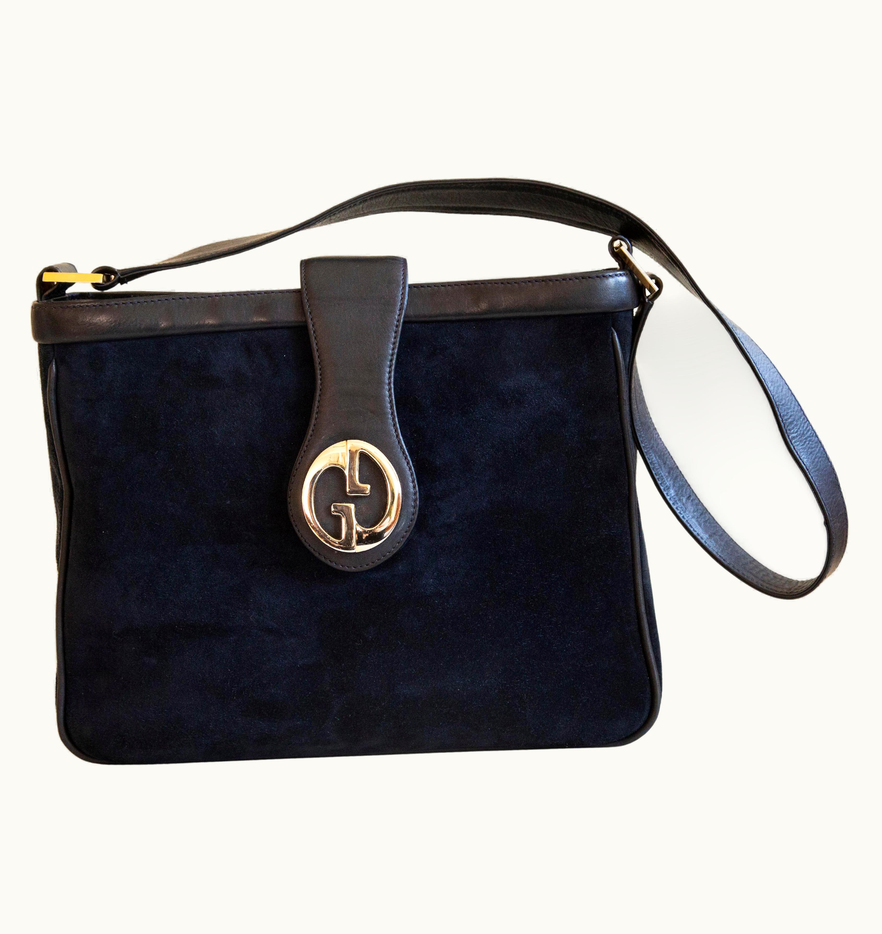 Gucci Gg Metal Signature Logo Dark Blue Suede And Leather Shoulder Bag 1970s