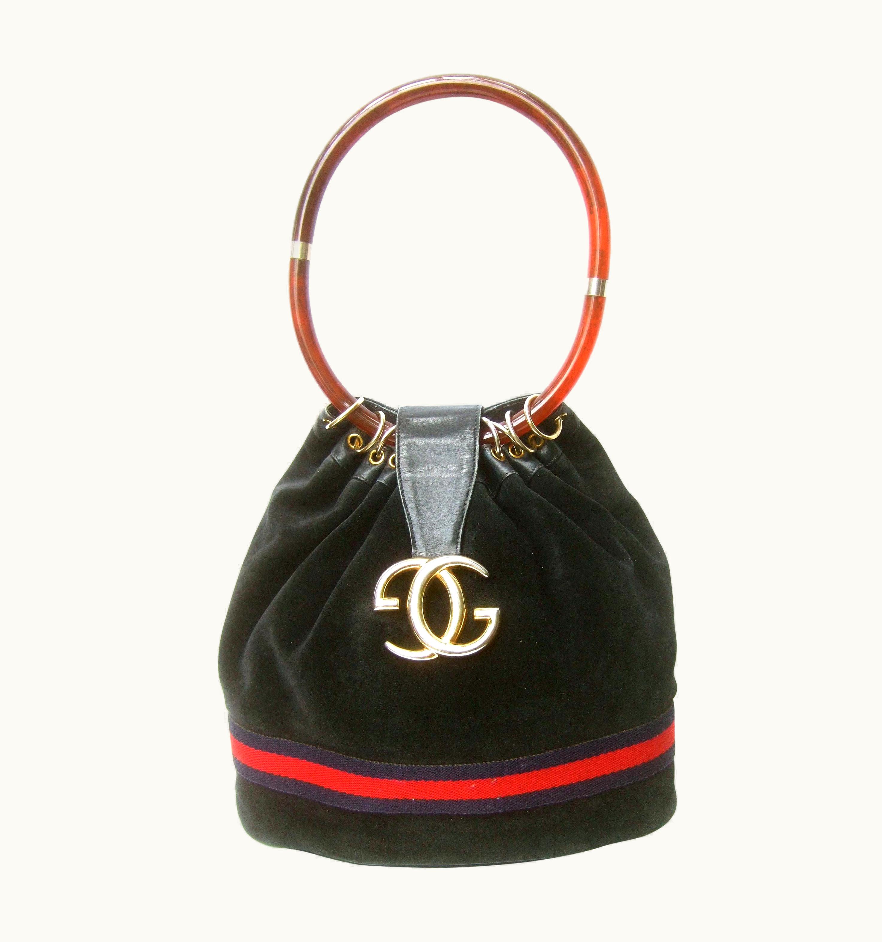 Gucci Italy Rare Midnight Blue Suede Amber Resin Lucite Handle Handbag C 1970s