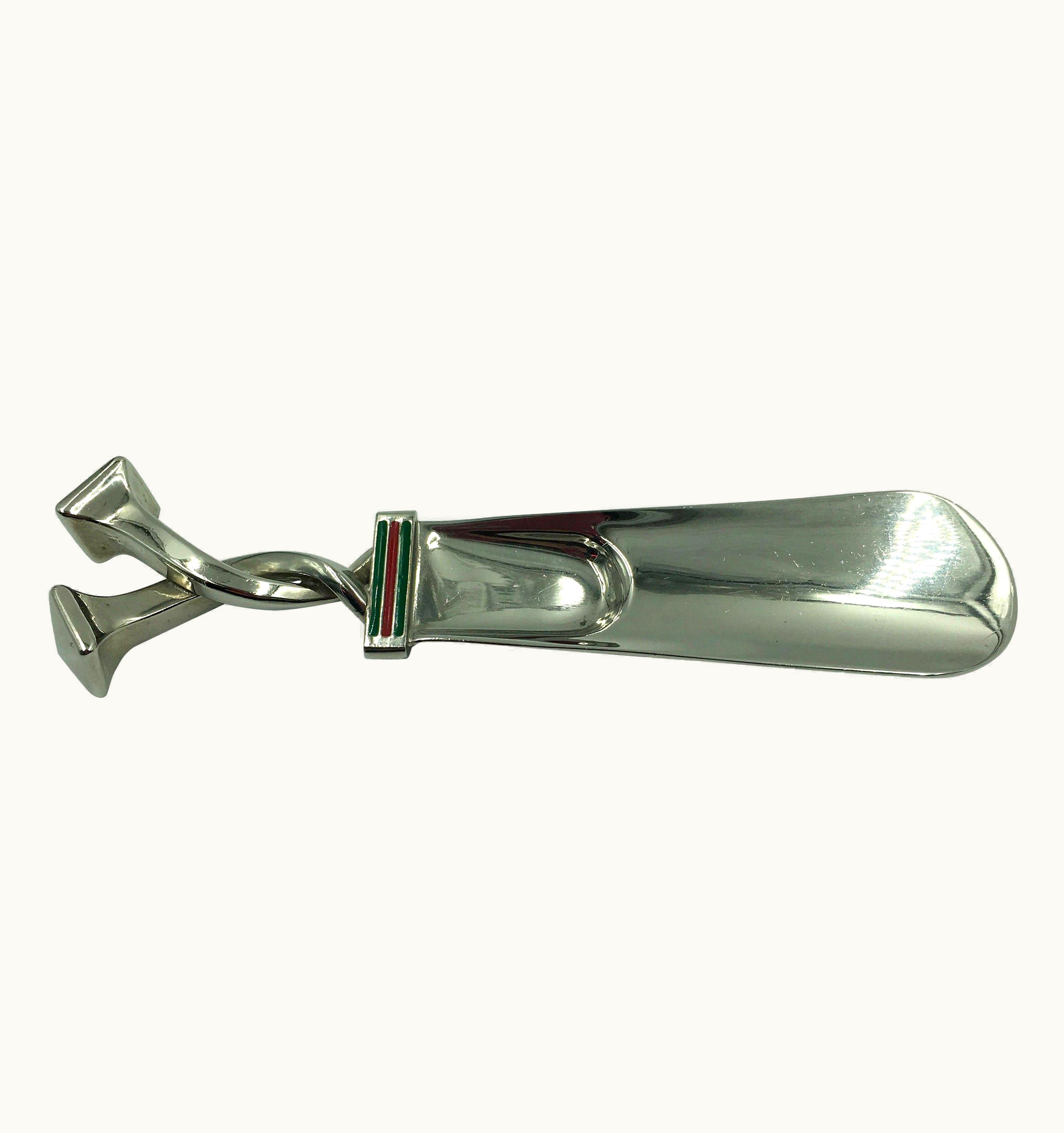 Gucci Shoehorn Silver Tone With Red And Green Classic Enamel Stripe